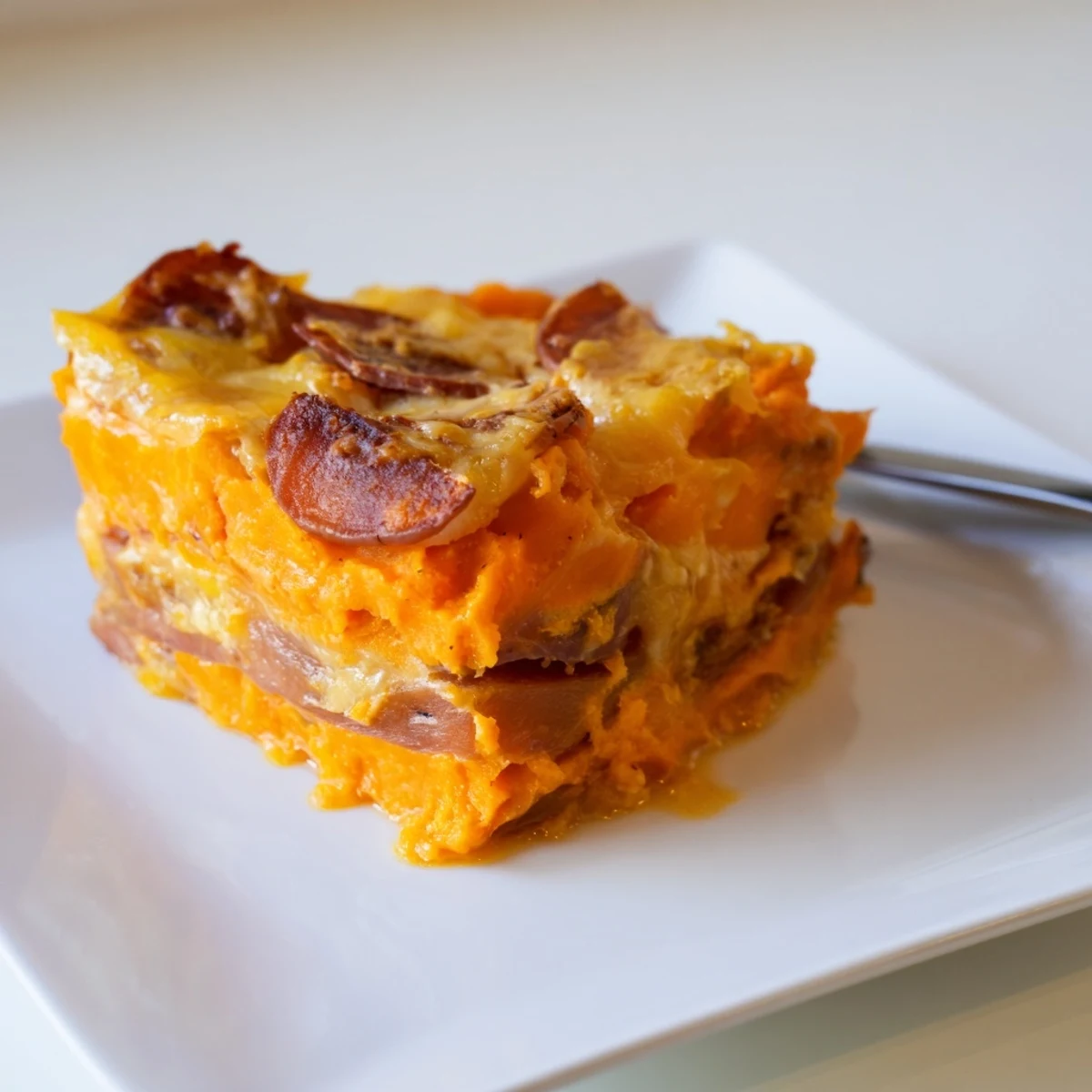 A rustic serving of Cheesy Sweet Potato Gratin with caramelized onions, garnished with chives and baked to golden perfection in a 9x13 dish.