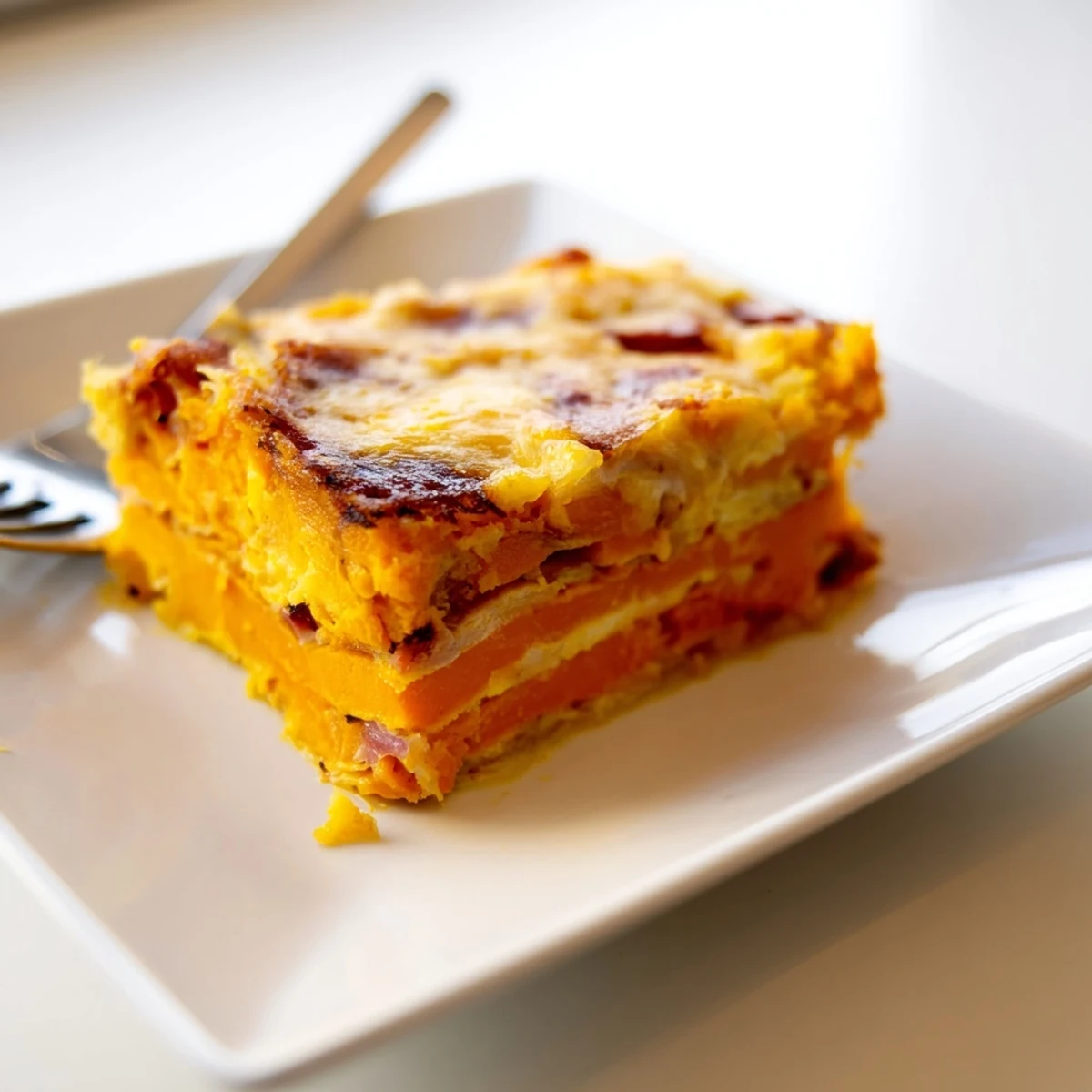 Close-up of a slice of Cheesy Sweet Potato Gratin with caramelized onions, revealing melted Gruyère and cheddar between tender sweet potato layers.