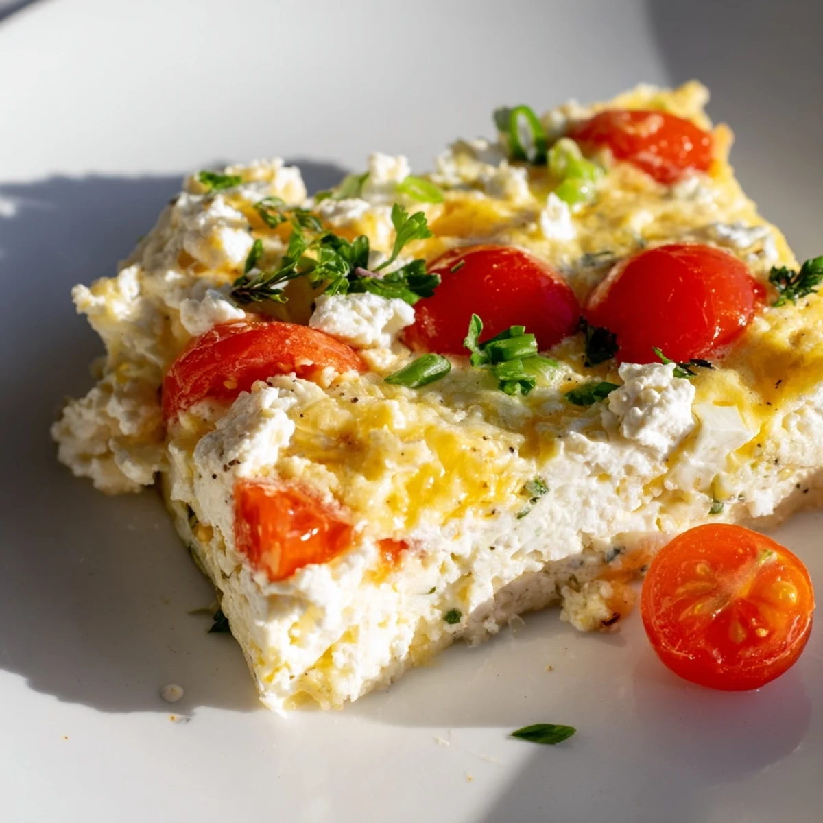 A slice of golden Simple Cottage Cheese Frittata with melted cheese and fresh herbs on a plate.