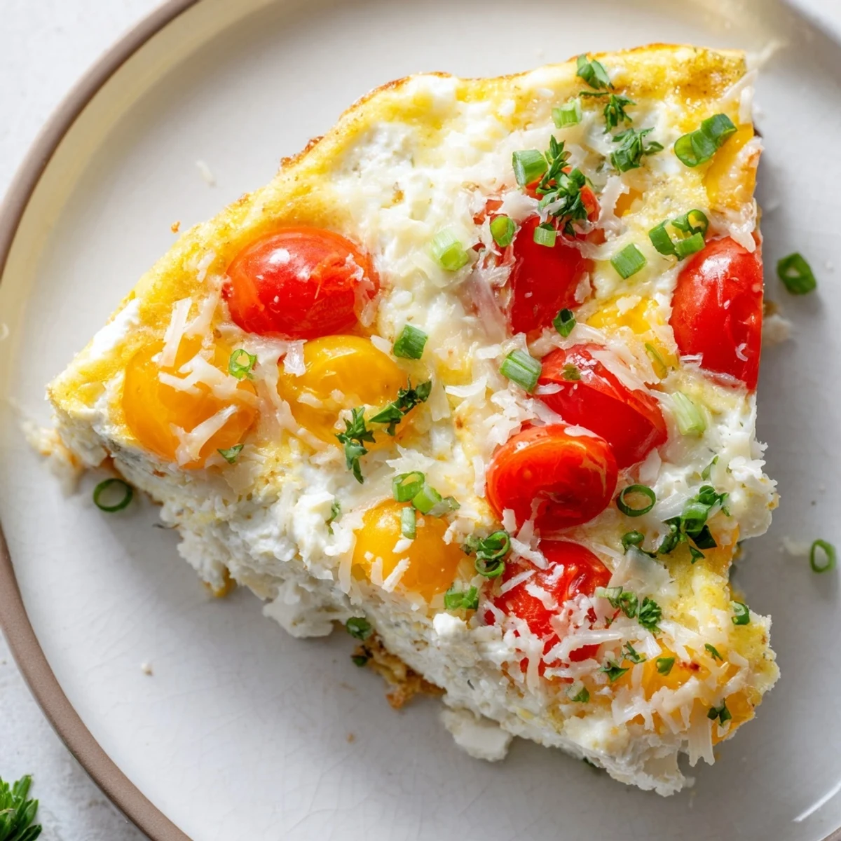 Freshly baked Simple Cottage Cheese Frittata in a skillet, loaded with spinach, tomatoes, and herbs.