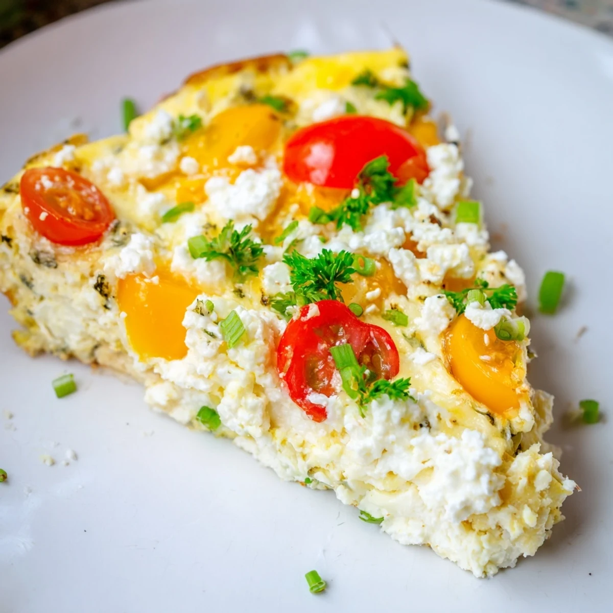Warm Simple Cottage Cheese Frittata served on a wooden board, garnished with parsley and chives.