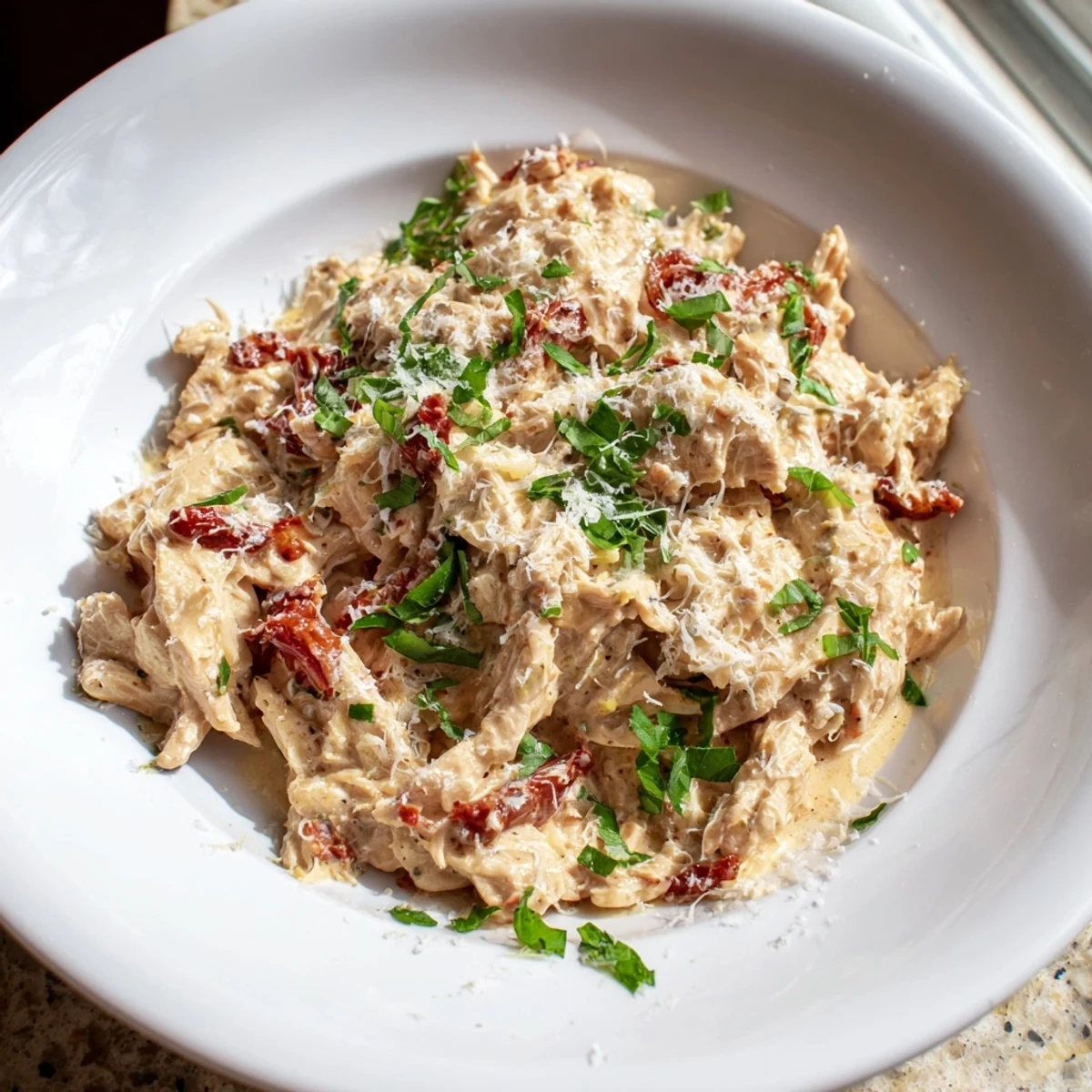 Slow-cooked Marry Me High Protein Crockpot Chicken in a creamy sun-dried tomato sauce, garnished with fresh basil.