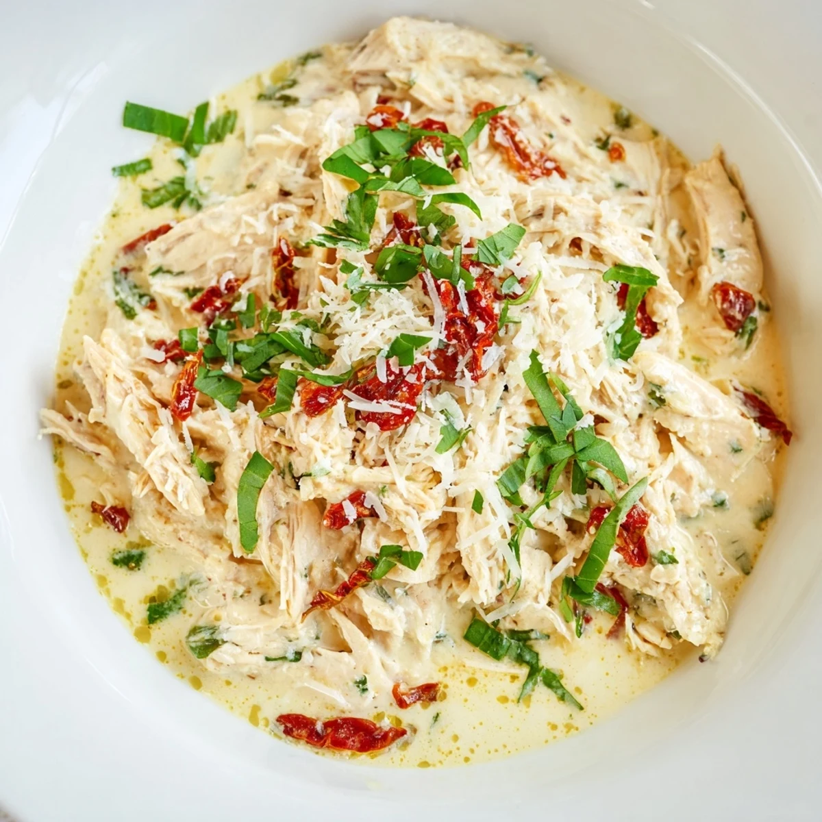 Tender shredded Marry Me High Protein Crockpot Chicken served over cauliflower rice with melted parmesan and herbs.