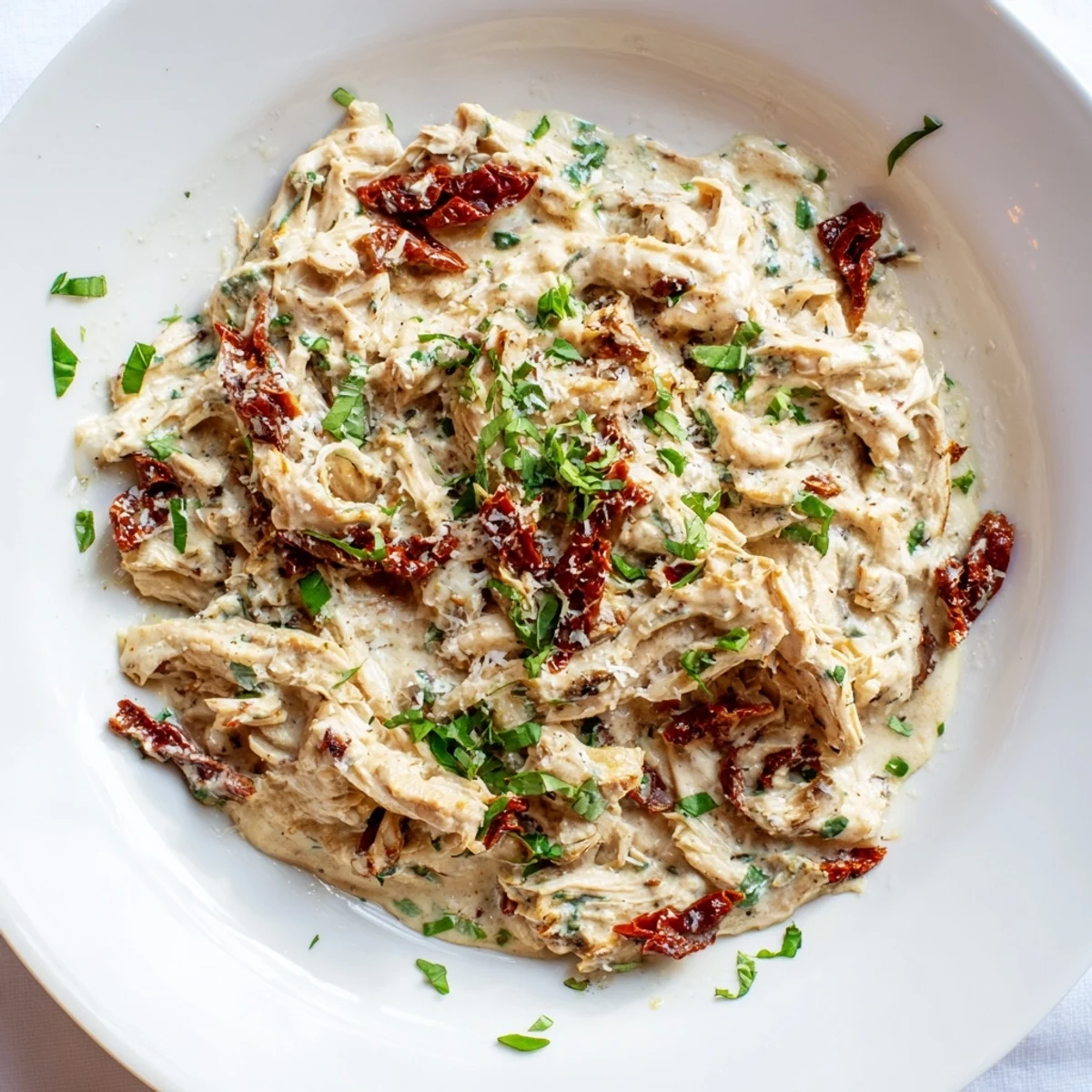 Golden Marry Me High Protein Crockpot Chicken in a crockpot, featuring a rich, garlicky sauce with red pepper flakes.