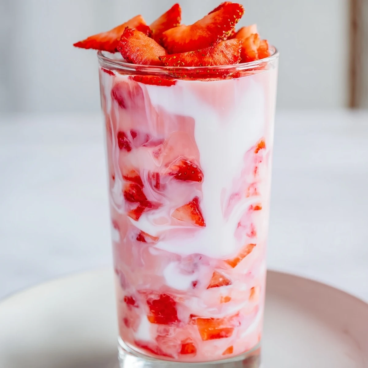 A swirl of creamy milk tops homemade strawberry syrup in a tall glass for Cafe Style Korean Strawberry Milk.