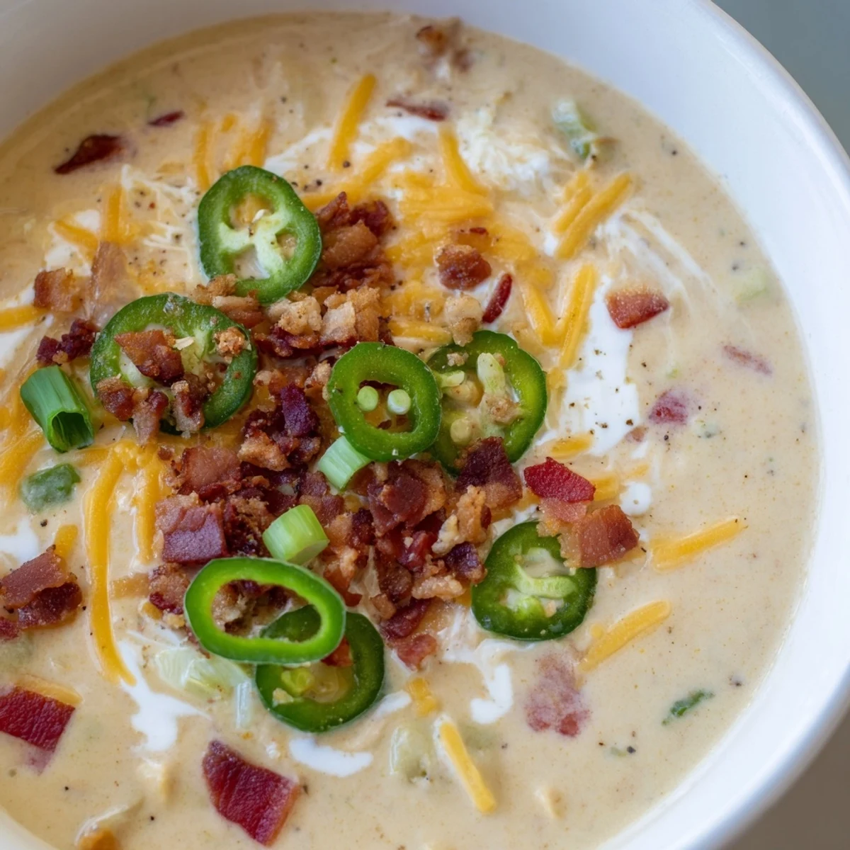 A close-up of Spicy Jalapeño Popper Soup With Grilled Cheese Dippers, showing creamy orange soup with melted cheese, garnished with green onions.