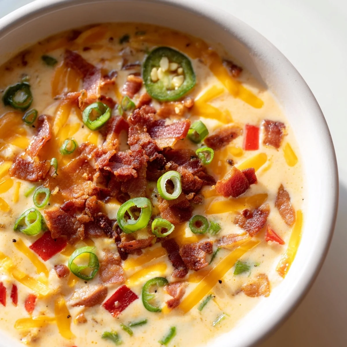 Overhead view of Spicy Jalapeño Popper Soup With Grilled Cheese Dippers, featuring a vibrant red pepper hue and golden melted cheese on toast strips.
