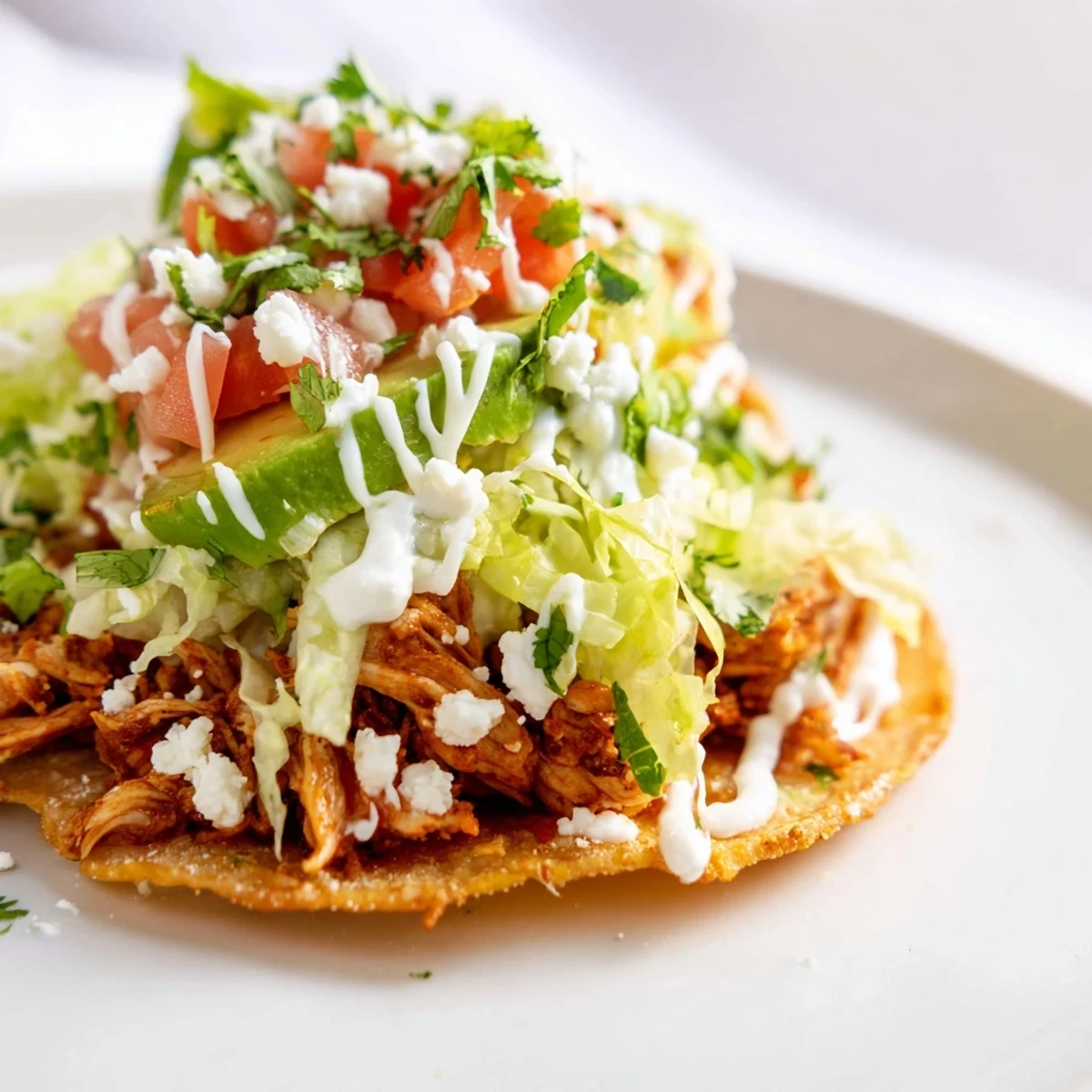 Crispy baked mini chicken tostadas topped with shredded chicken, pico de gallo, and avocado slices.