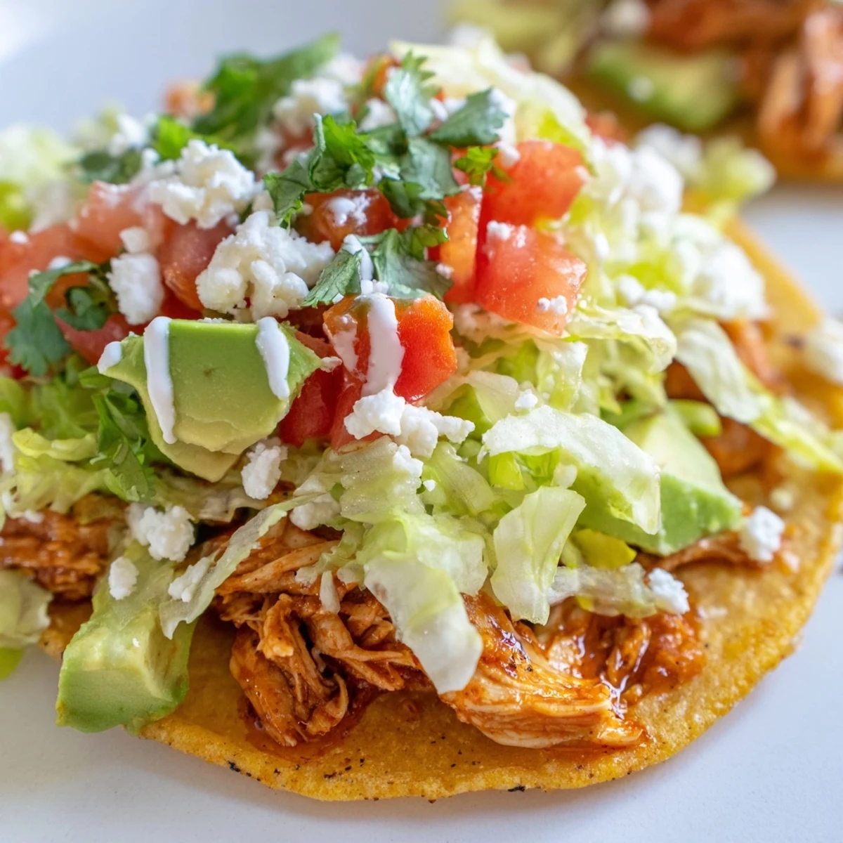 Fresh mini chicken tostadas with melted cheese and sour cream drizzle served on a platter.