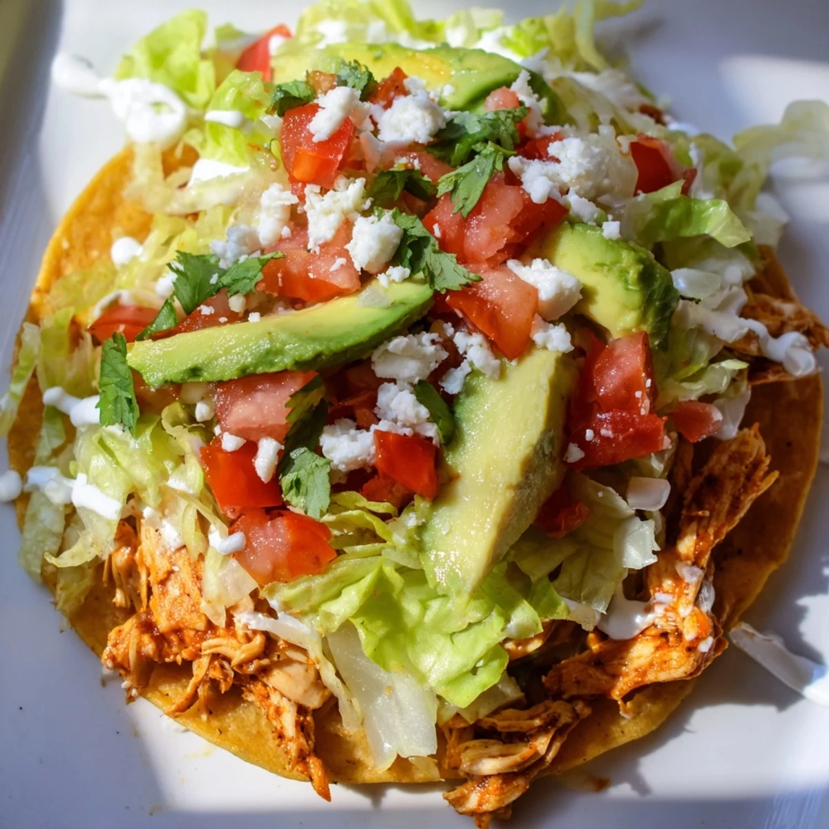 Golden mini chicken tostadas with seasoned chicken, lettuce, and cilantro garnish ready to eat.