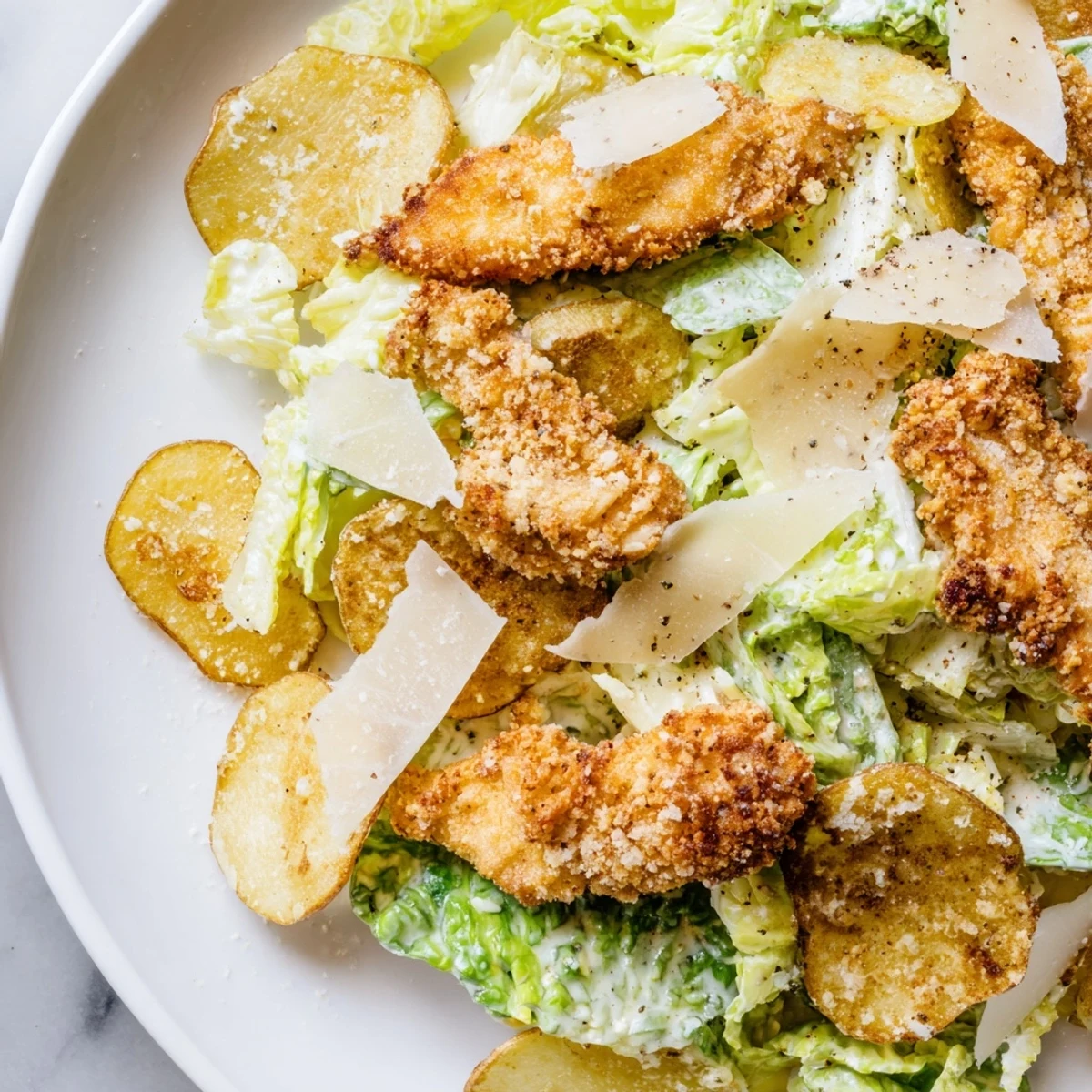 Crispy Chicken Caesar Salad Chips topped with shredded romaine and creamy Caesar dressing on golden baked potato slices for a crunchy bite-sized appetizer.