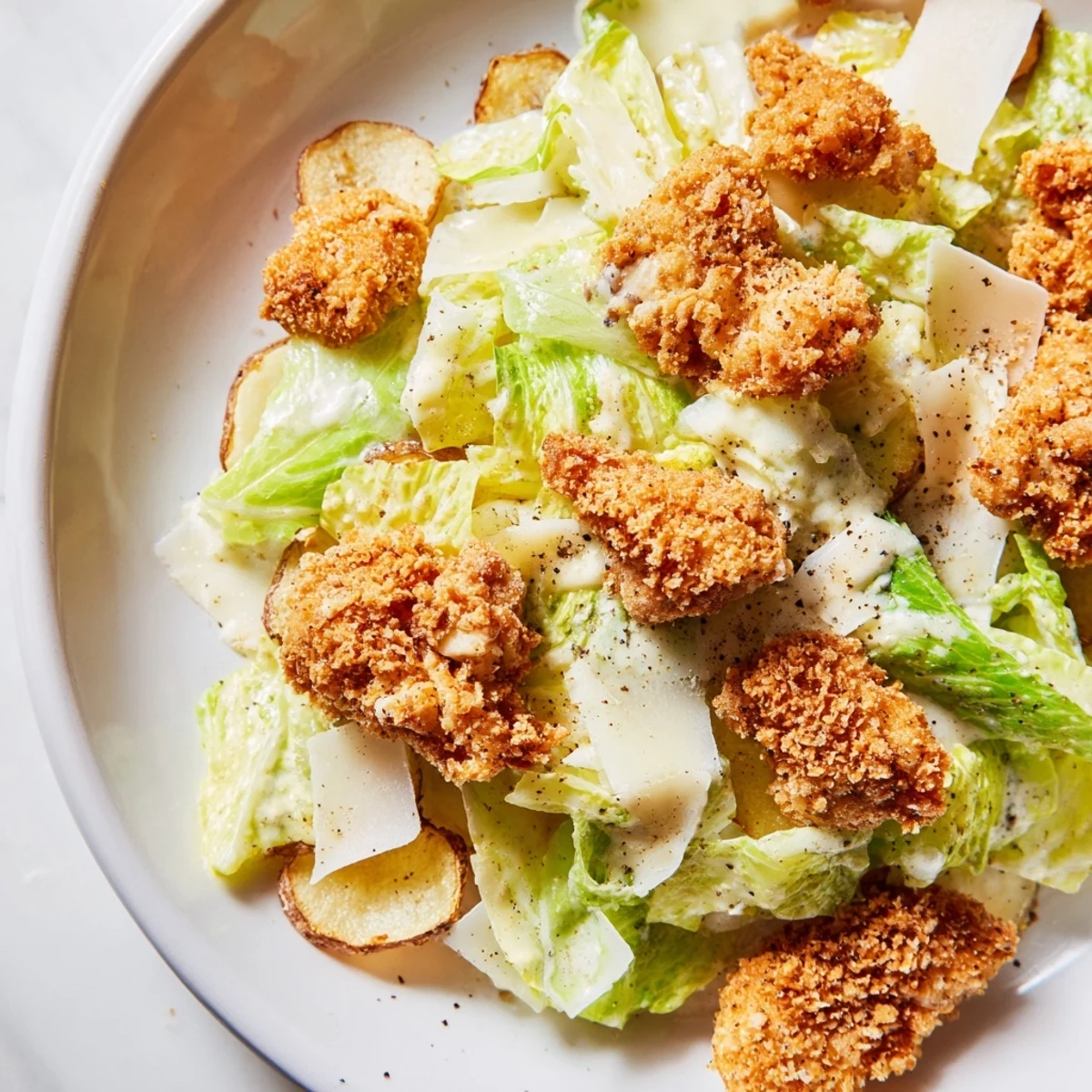 Enjoy Crispy Chicken Caesar Salad Chips as an American-style party appetizer with crisp lettuce, savory panko chicken, and seasoned homemade potato chips.