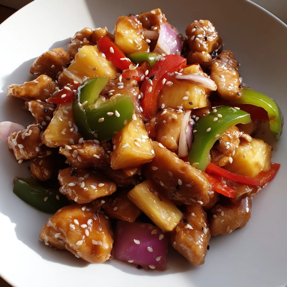 Golden-brown chicken pieces and vibrant pineapple chunks glisten in a wok alongside crisp red and green bell peppers, all coated in a glossy sweet chili sauce and sprinkled with toasted sesame seeds for a savory finish.