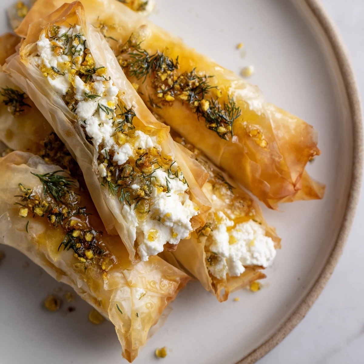 Freshly baked Oven Fried Feta Rolls With Chili Honey shine on a plate, their golden filo layers flaky and crisp beside a vibrant green salad.