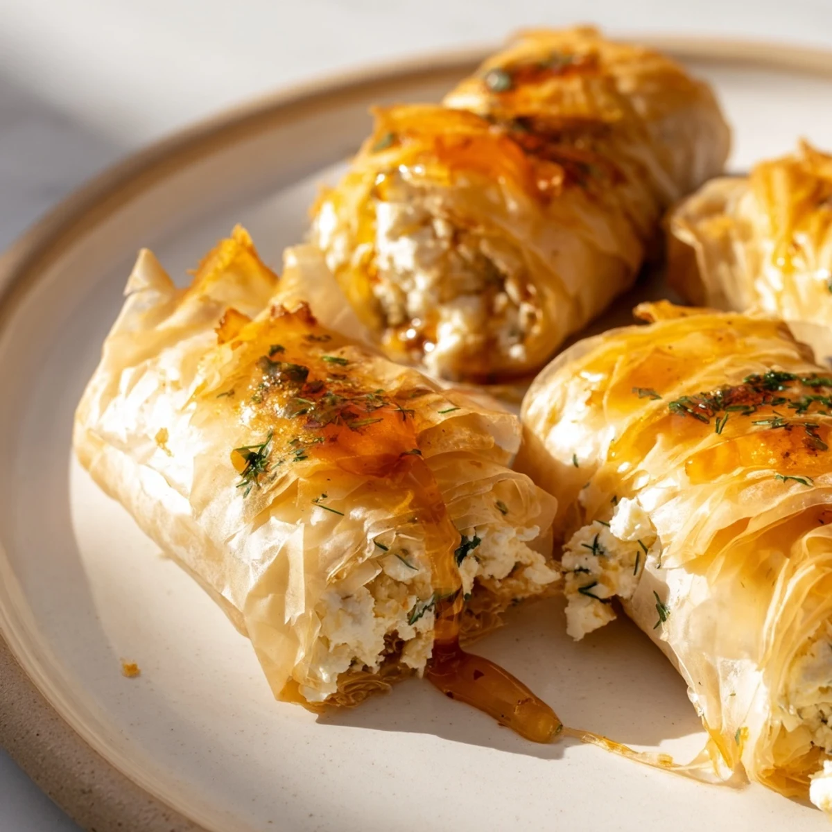 Overhead view of Oven Fried Feta Rolls With Chili Honey, steam rising from the cheesy filling, paired with a glass of crisp white wine.
