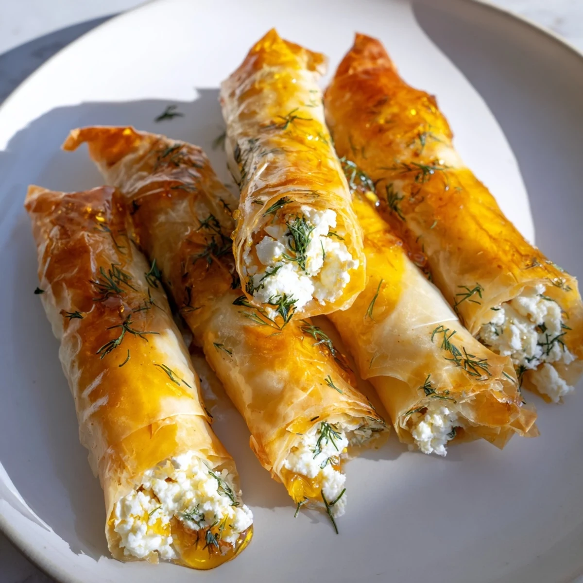 The photo shows Oven Fried Feta Rolls With Chili Honey resting on a platter, drizzled with glossy warm chili honey and fresh dill garnish.