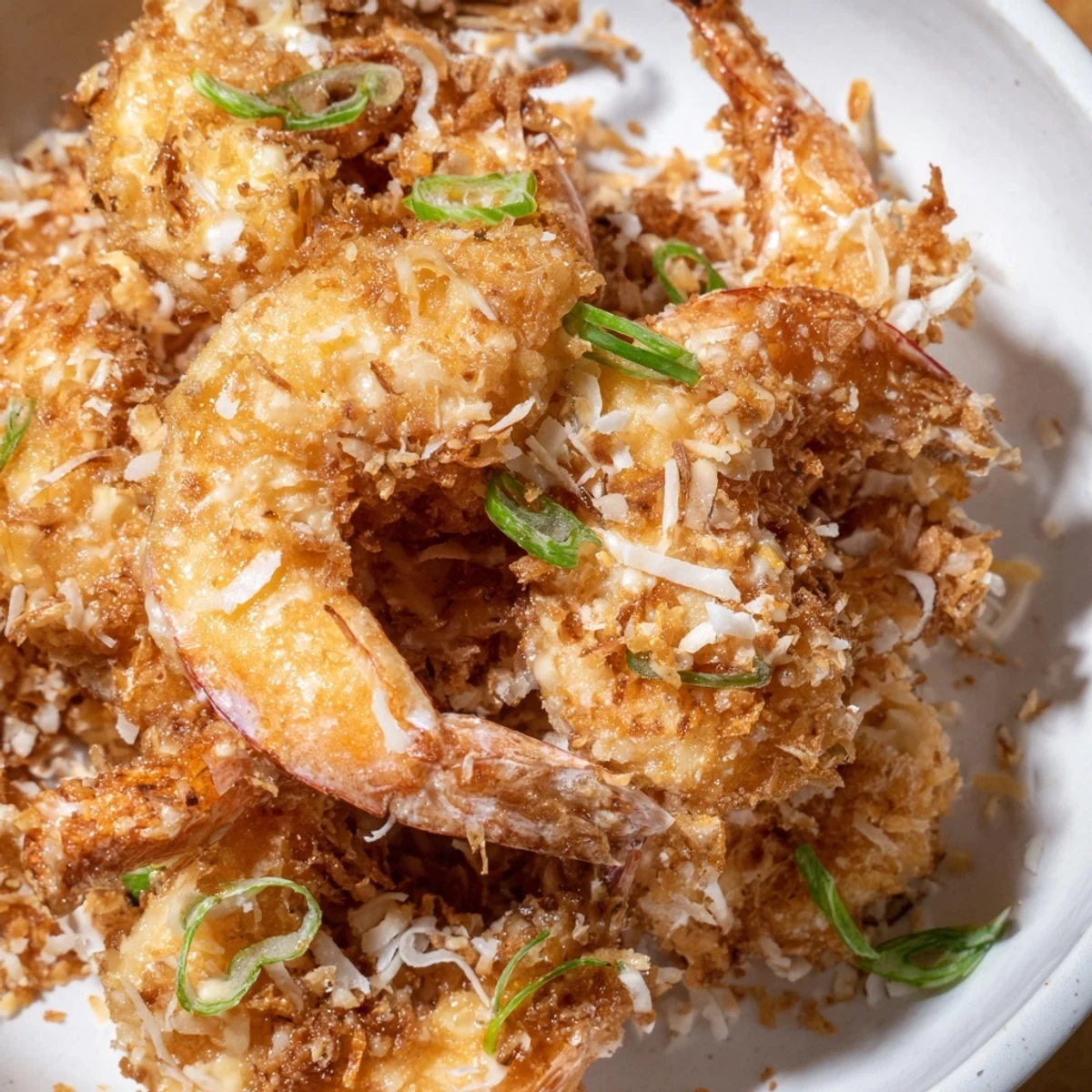 Golden fried Chinese Coconut Shrimp coated in crispy batter and creamy coconut sauce, garnished with green onions and toasted coconut flakes. 