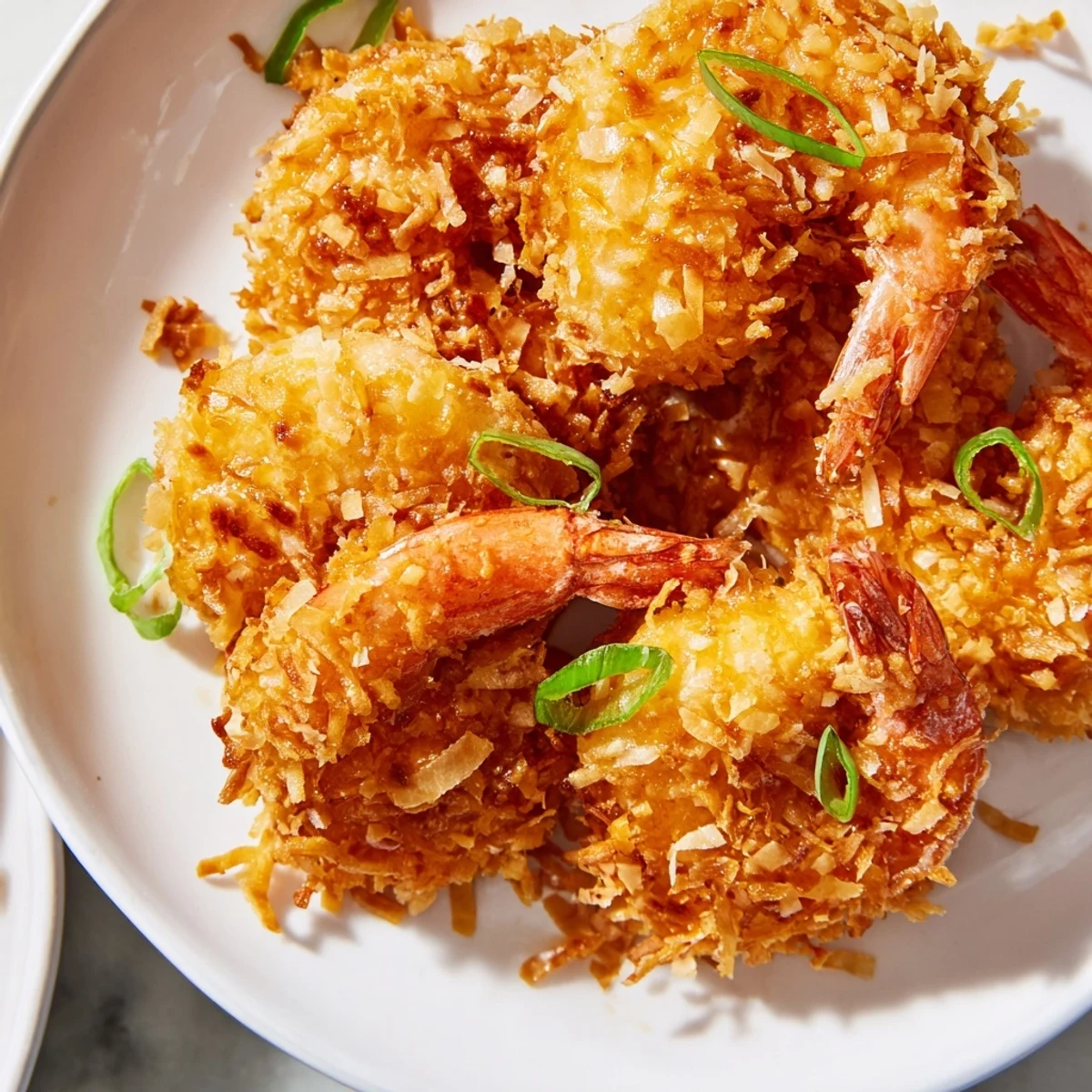 Savory Chinese Coconut Shrimp served on a white plate with rice, sautéed broccoli, and a drizzle of rich coconut sauce. 