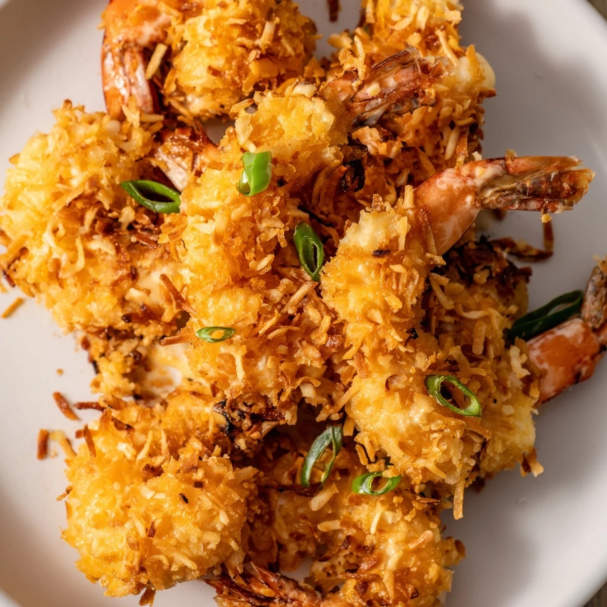Freshly prepared Chinese Coconut Shrimp with golden texture, creamy sauce, and a squeeze of lemon on a wooden serving board.
