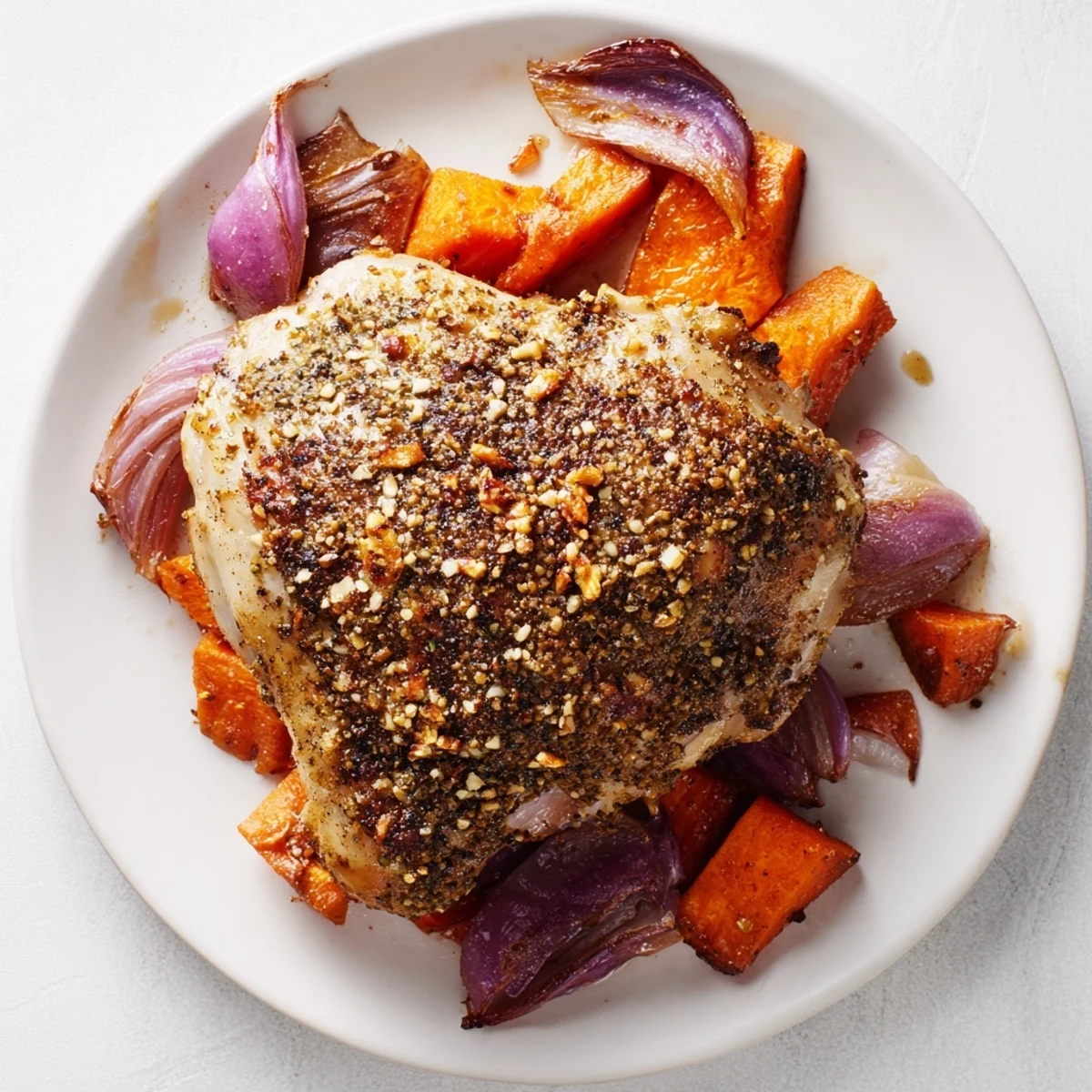 Whole roasted Zaatar Chicken with crispy golden skin and juicy meat served with roasted vegetables and pan juices.