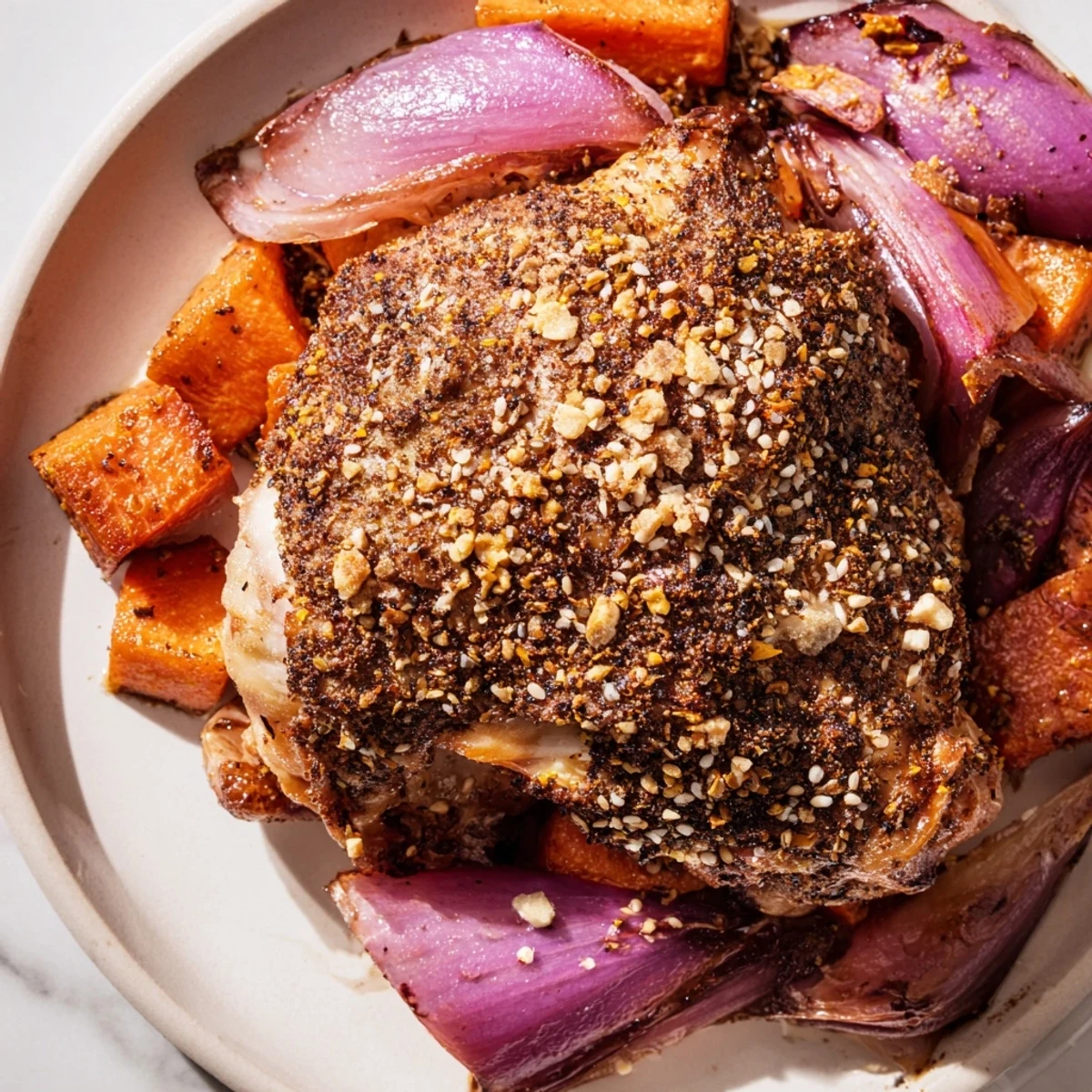 Close-up of Zaatar Chicken showing aromatic spices and glistening olive oil glaze, ready to be carved at dinner.