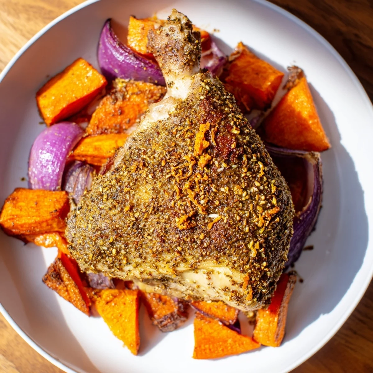 Succulent Zaatar Chicken on a platter with lemon slices and onions, paired with a fresh cucumber tomato salad.
