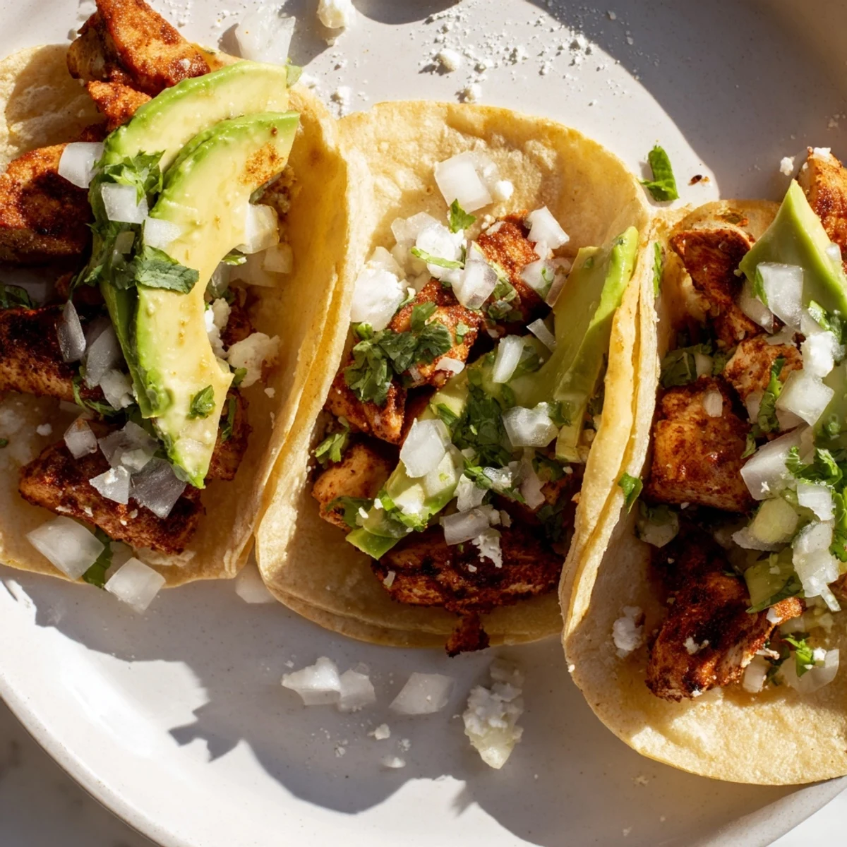 Juicy Chicken Street Tacos in corn tortillas garnished with cotija cheese and vibrant herbs.
