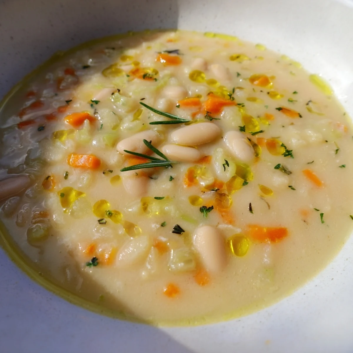 Creamy Rosemary and Roasted Garlic White Bean Soup in a rustic bowl, garnished with fresh parsley and a drizzle of olive oil.