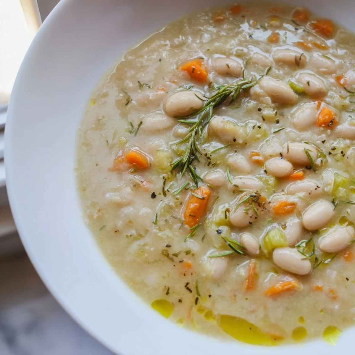 Spoon lifting a ladle of Rosemary and Roasted Garlic White Bean Soup, showing its velvety texture and aromatic steam.