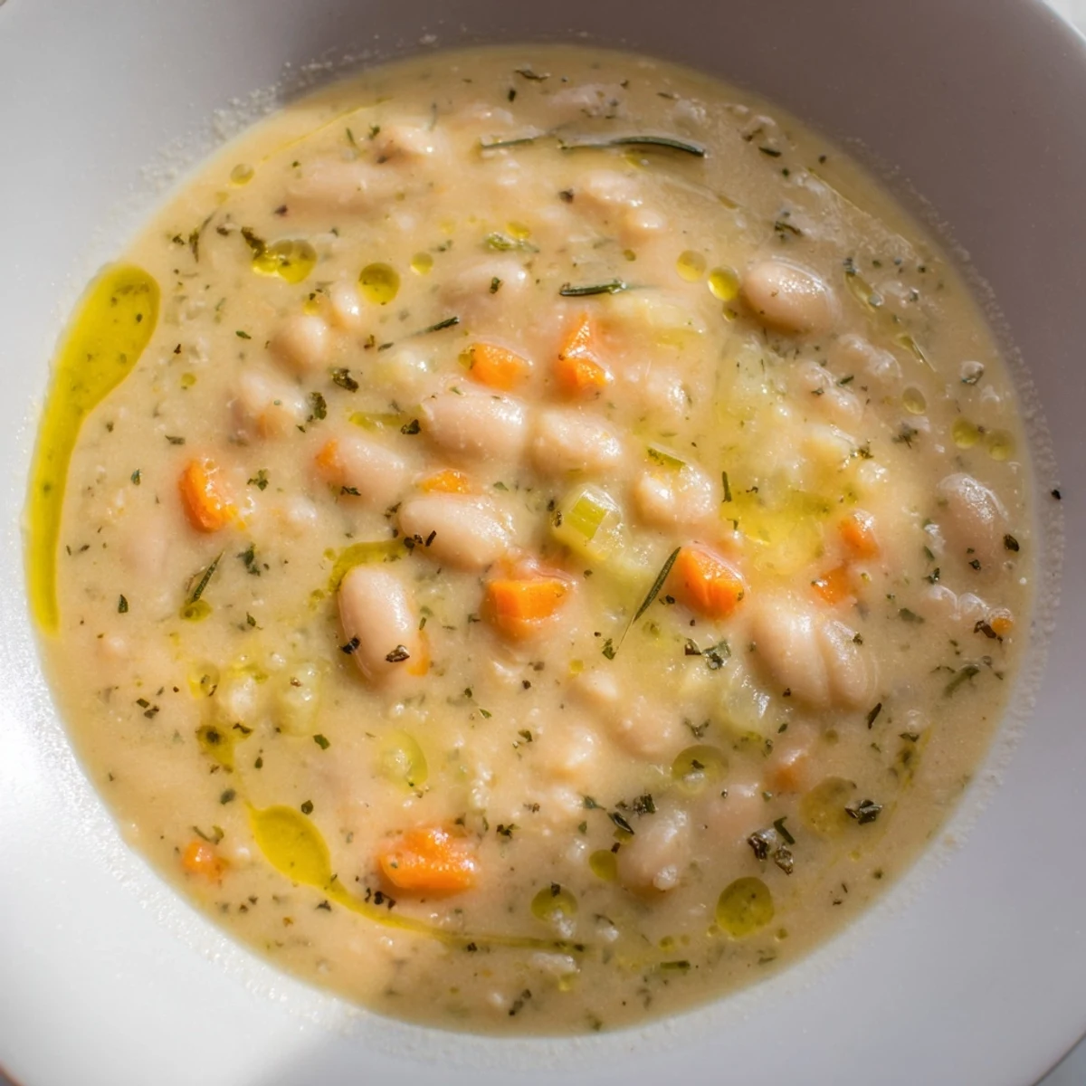 A cozy bowl of Rosemary and Roasted Garlic White Bean Soup served with crusty bread for dipping, perfect for autumn.