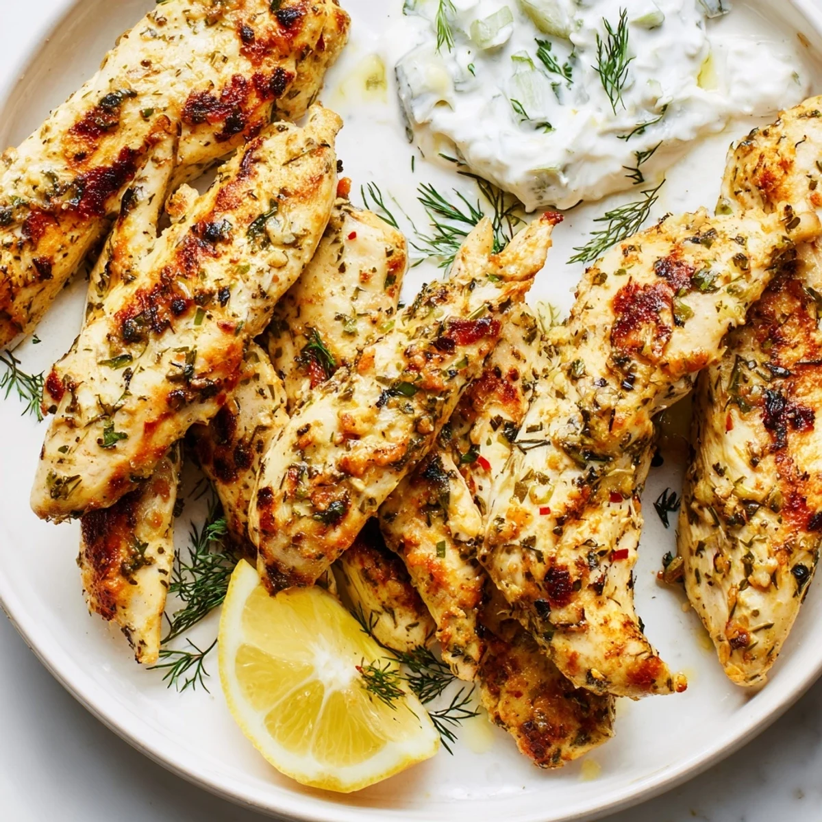 Golden-brown grilled Greek chicken tenders marinated with oregano and lemon, served alongside a creamy yogurt dipping sauce and fresh lemon wedges.