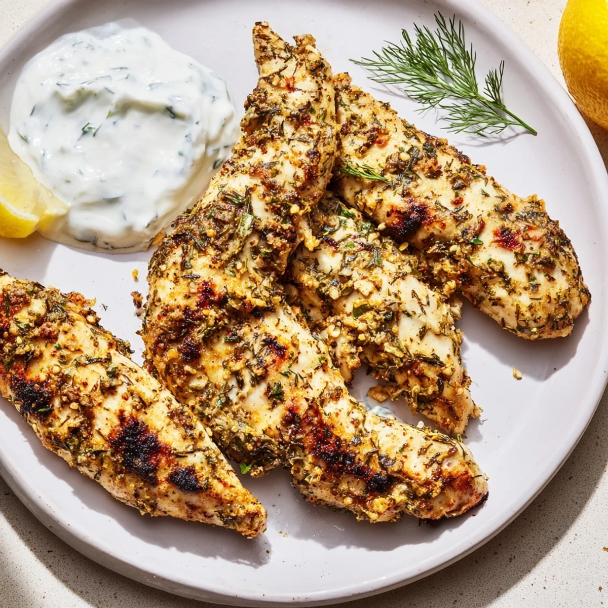 Juicy Greek chicken tenders fresh off the grill, garnished with chopped parsley and resting next to a bowl of cool cucumber yogurt sauce.