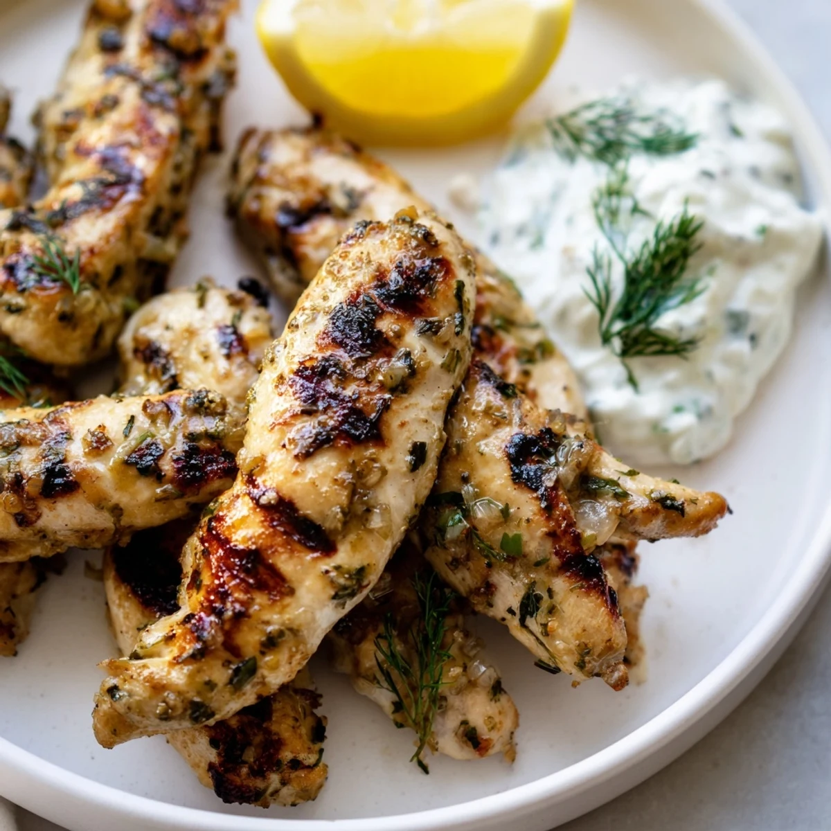 Close-up view of tender Greek chicken pieces with charred edges, paired with a refreshing yogurt dip and a sprinkle of fresh herbs.