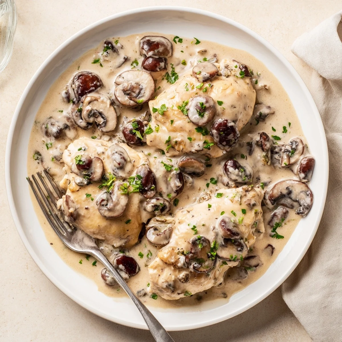 A photo of the Mushroom Asiago Chicken plated with creamy sauce, served alongside mashed potatoes on a rustic table.