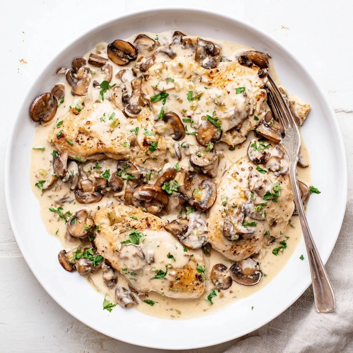 Close-up of golden seared chicken breasts coated in a rich mushroom Asiago sauce, garnished with fresh parsley.