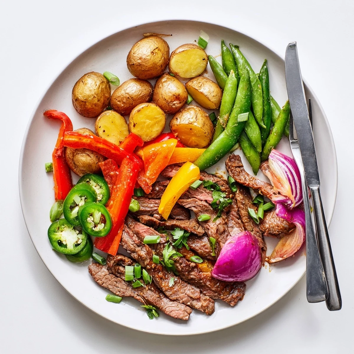 Golden-brown sliced flank steak sizzling beside crisp red bell peppers and snap peas on a Blackstone griddle for Blackstone Cowboy Stir Fry Dinner.