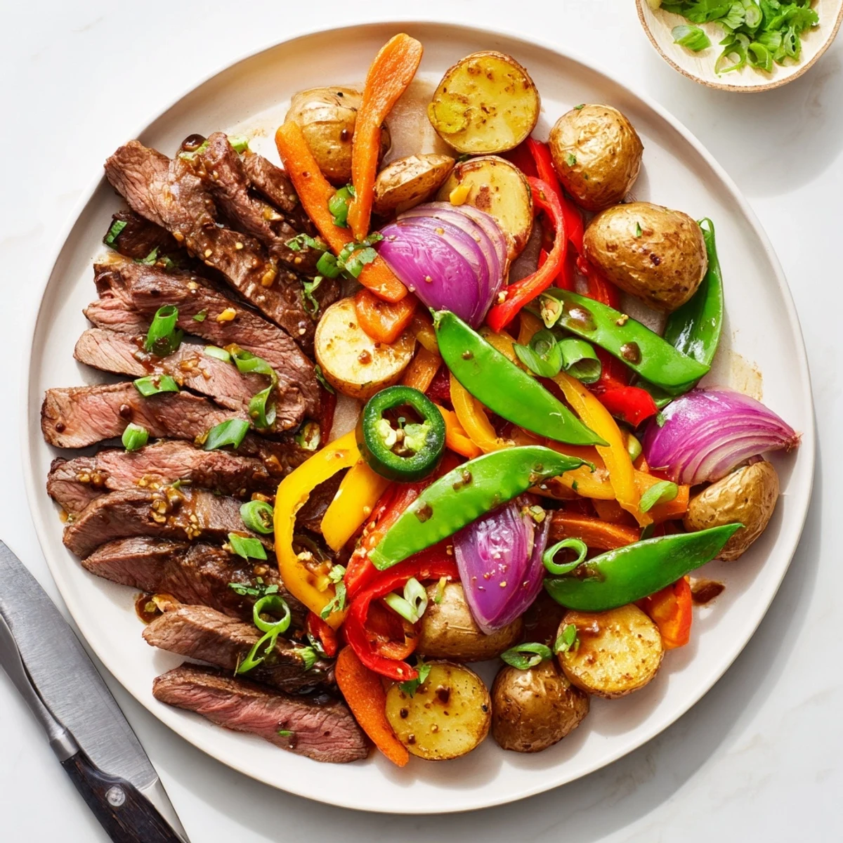 Hearty Blackstone Cowboy Stir Fry Dinner plated with colorful peppers, onions, and scallions, garnished with fresh cilantro for a bold, family-friendly meal.