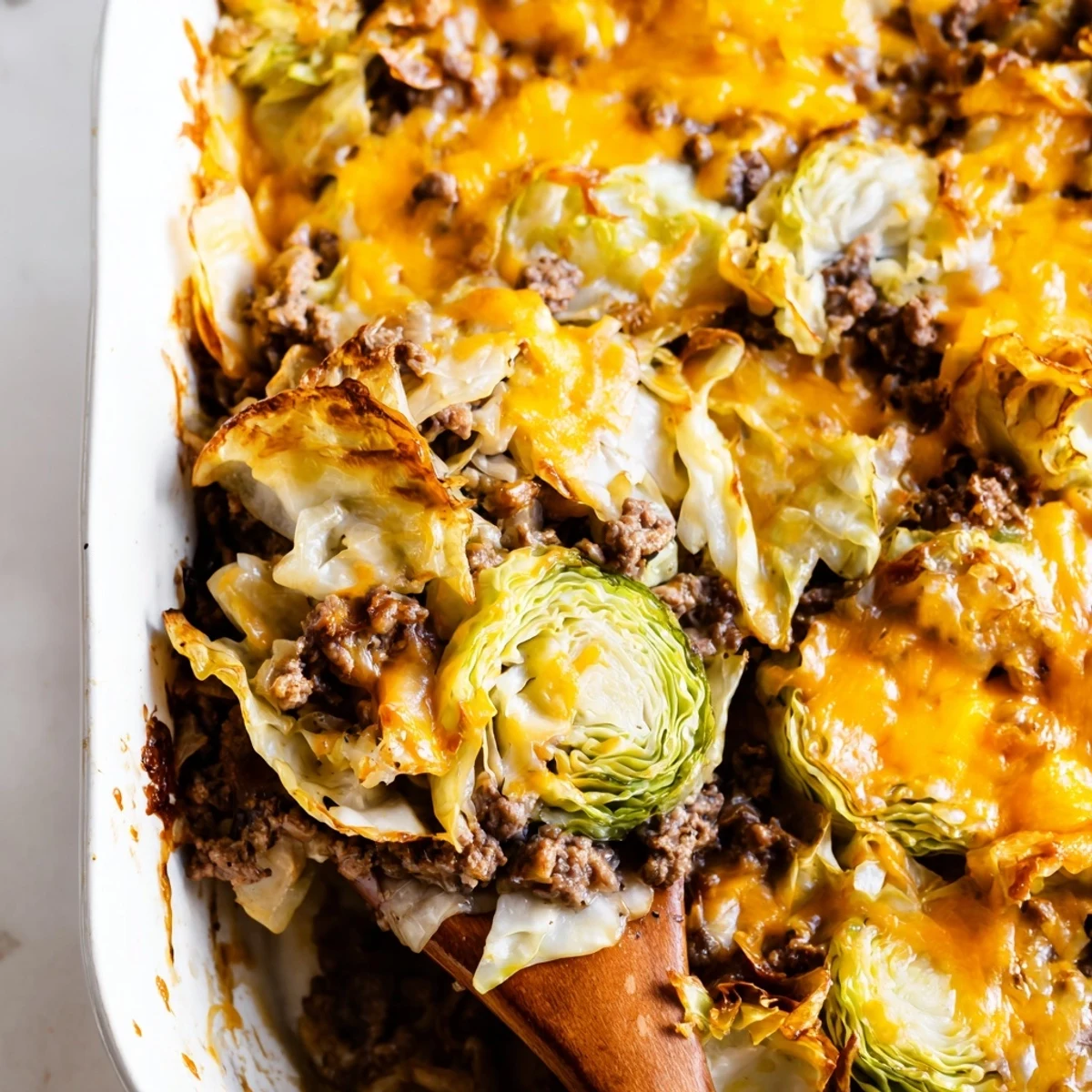 A close-up of the Easy Crispy Cabbage Burger Bake showing bubbling cheese and golden cabbage textures, perfect for a hearty family dinner.