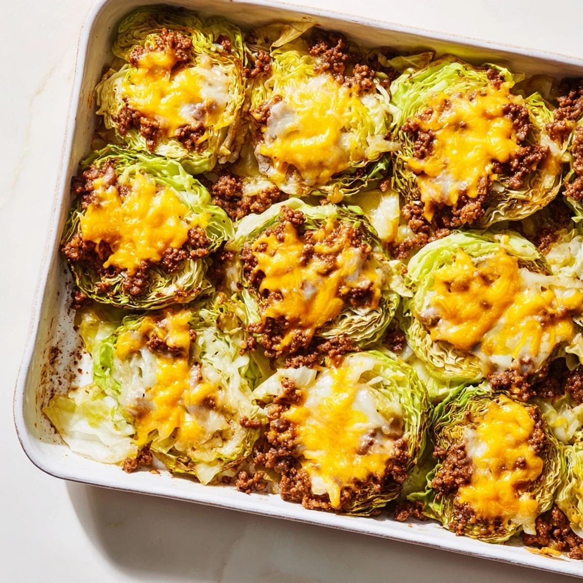 Golden-brown, crispy roasted cabbage rounds layered with savory seasoned ground beef and melted cheddar cheese in the Easy Crispy Cabbage Burger Bake, served hot.