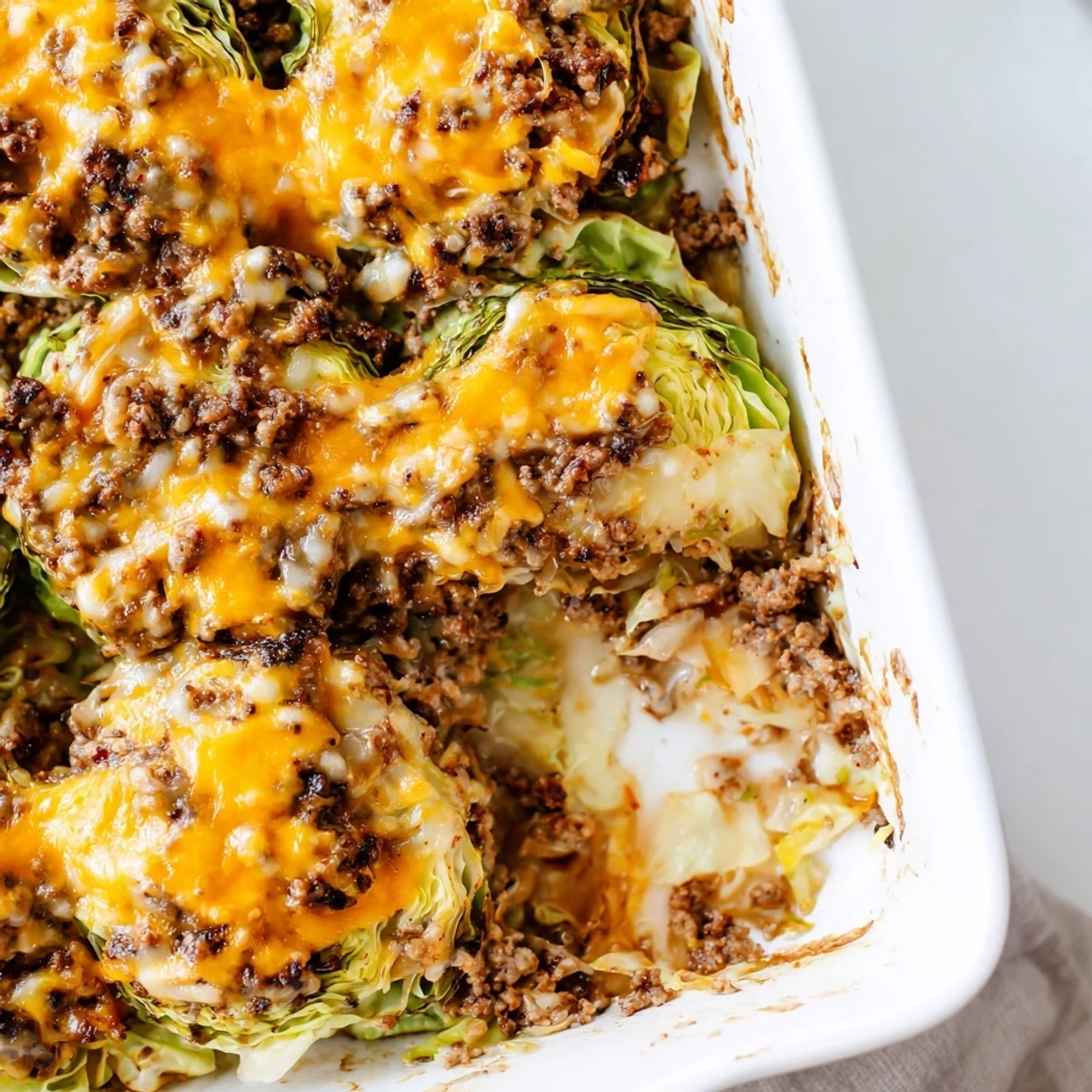 Ready-to-serve Easy Crispy Cabbage Burger Bake garnished with fresh green onions and pickles, highlighting the gluten-free main dish's comforting layers.