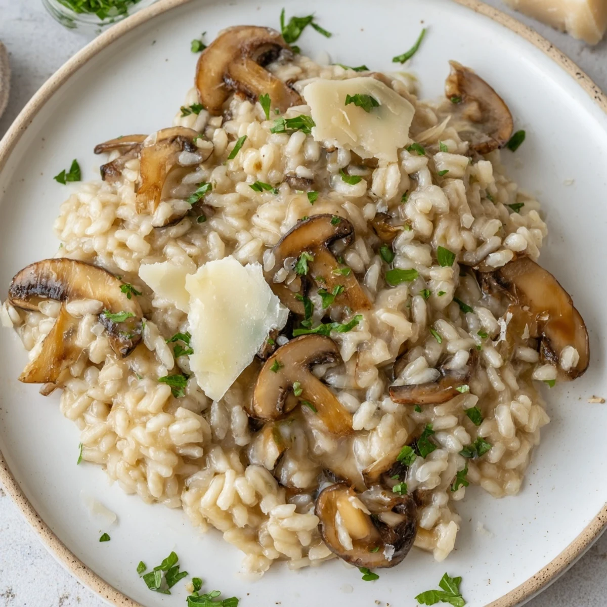 Steaming bowl of Creamy Mushroom Risotto topped with golden sautéed mushrooms and fresh parsley garnish.  