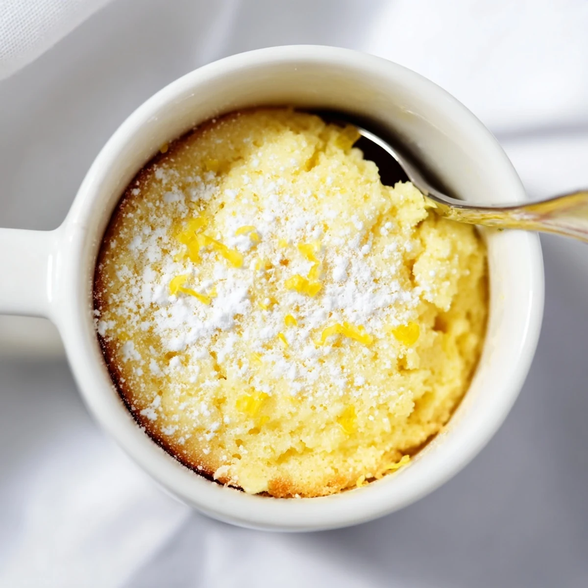 A single-serving Lemon Cottage Cheese Mug Cake topped with powdered sugar and lemon zest, steaming on a cozy kitchen counter.