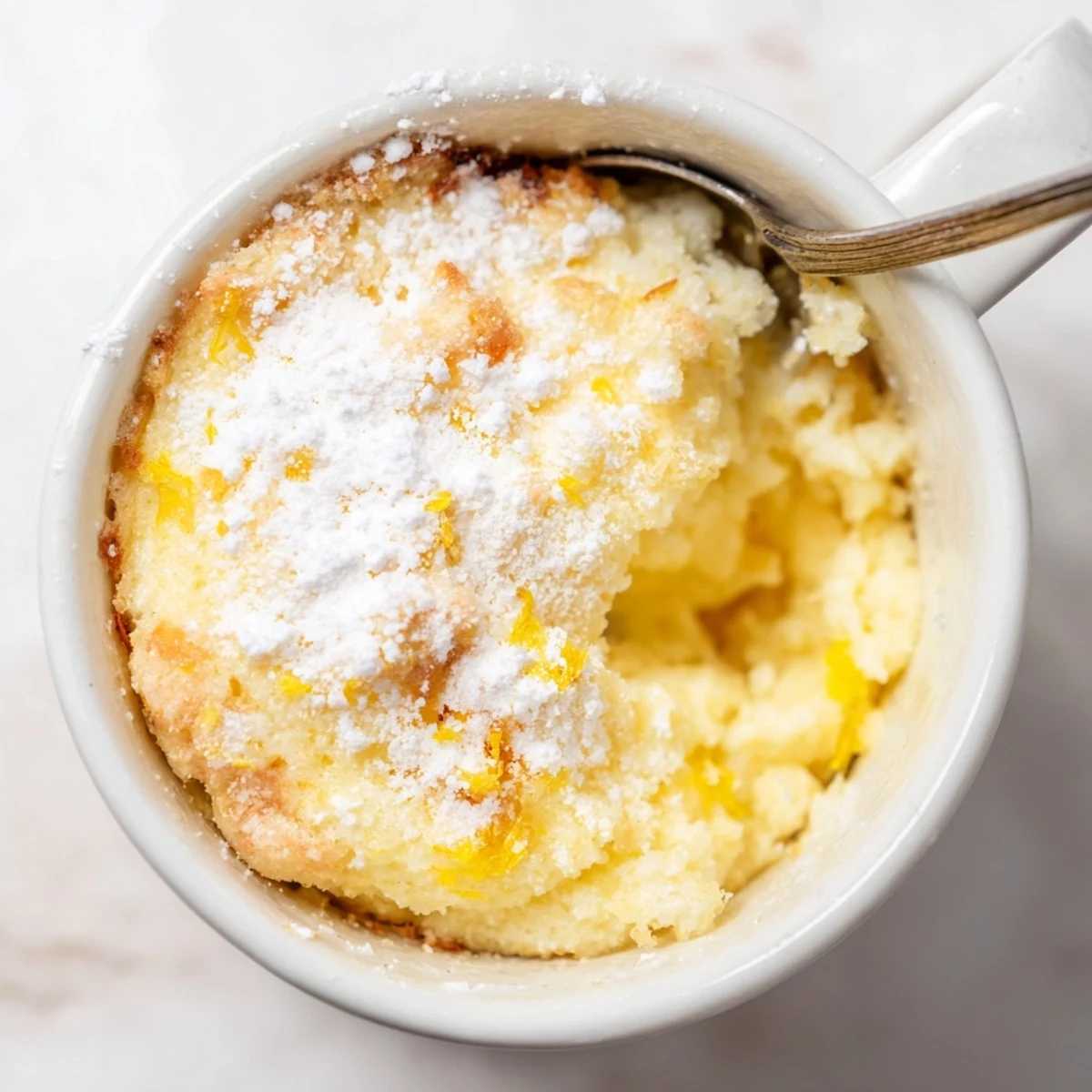 Enjoy a warm slice of Lemon Cottage Cheese Mug Cake with fresh berries and a dollop of creamy yogurt beside it.