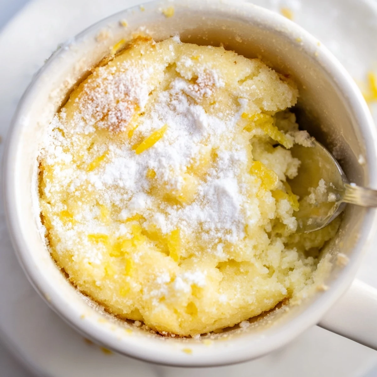 Fluffy Lemon Cottage Cheese Mug Cake with a bright yellow crumb, served in a mug with a spoon ready for eating.