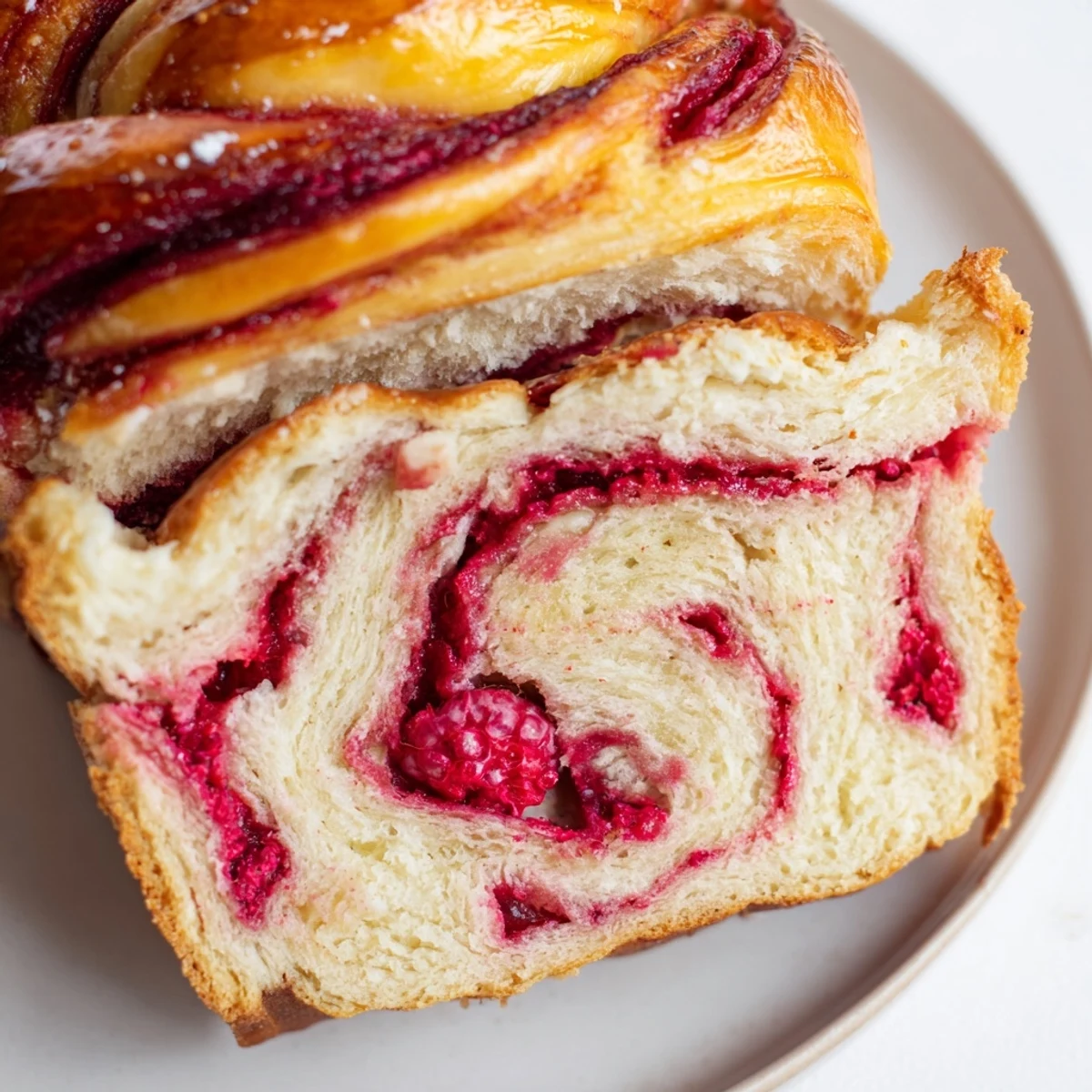 Close-up of a golden Raspberry Swirl Brioche Loaf, its tender crumb revealing vibrant red jam spirals, fresh raspberries scattered on top.