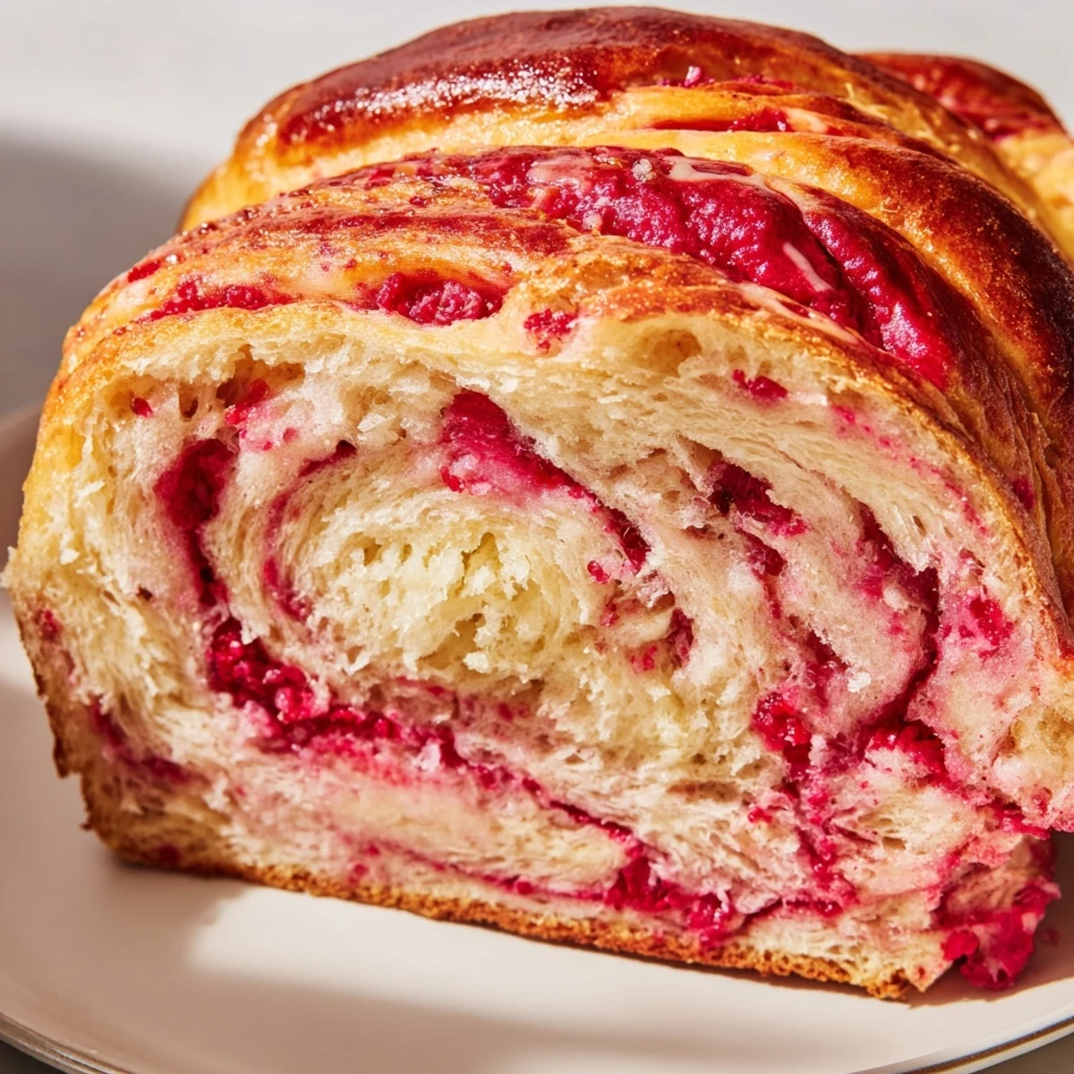 A freshly baked Raspberry Swirl Brioche Loaf rests on a rustic wooden board, sliced to show the beautiful tangy fruit swirl inside.