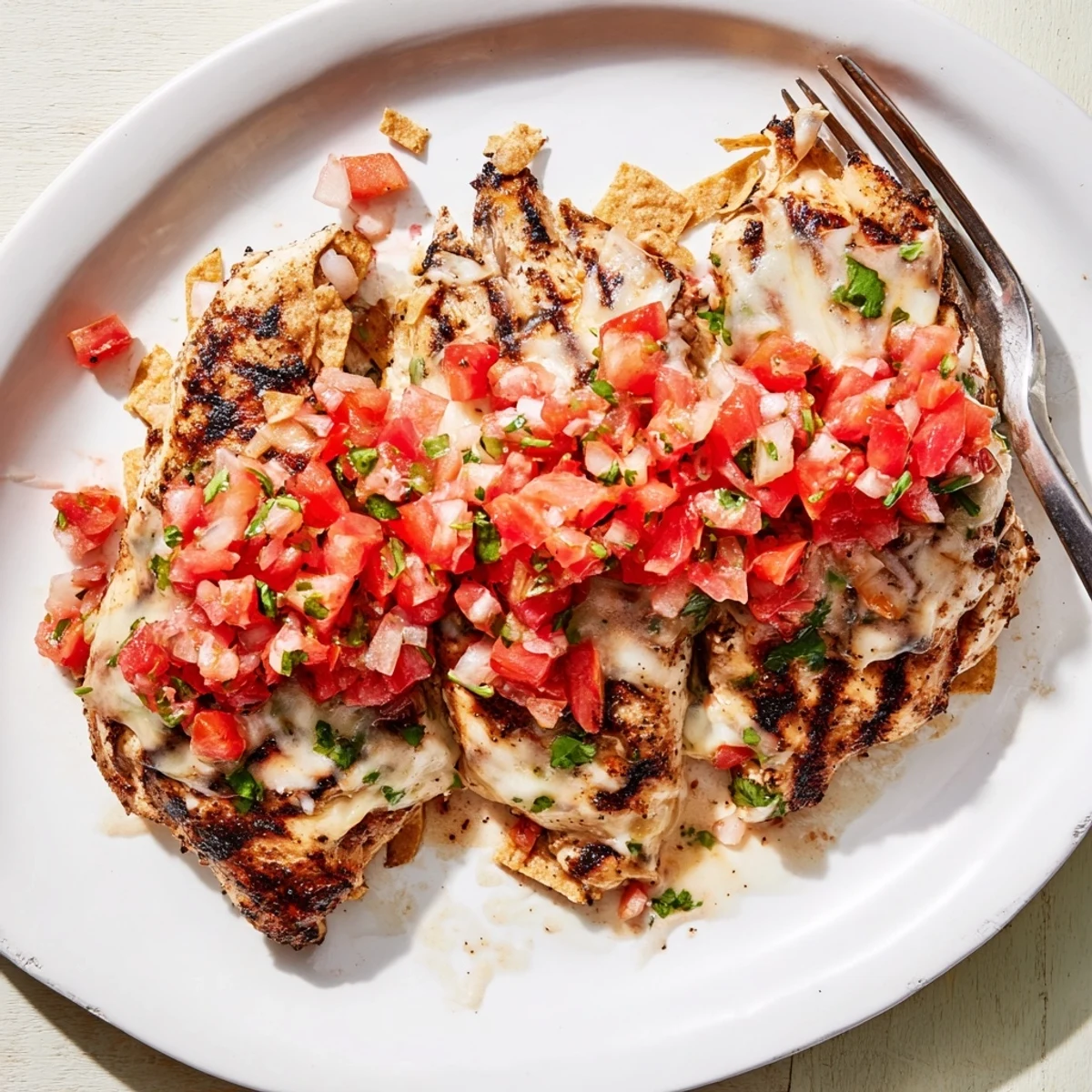 A close-up view of tender Fiesta Lime Chicken served with fresh pico de gallo and crunchy tortilla strips on a plate.
