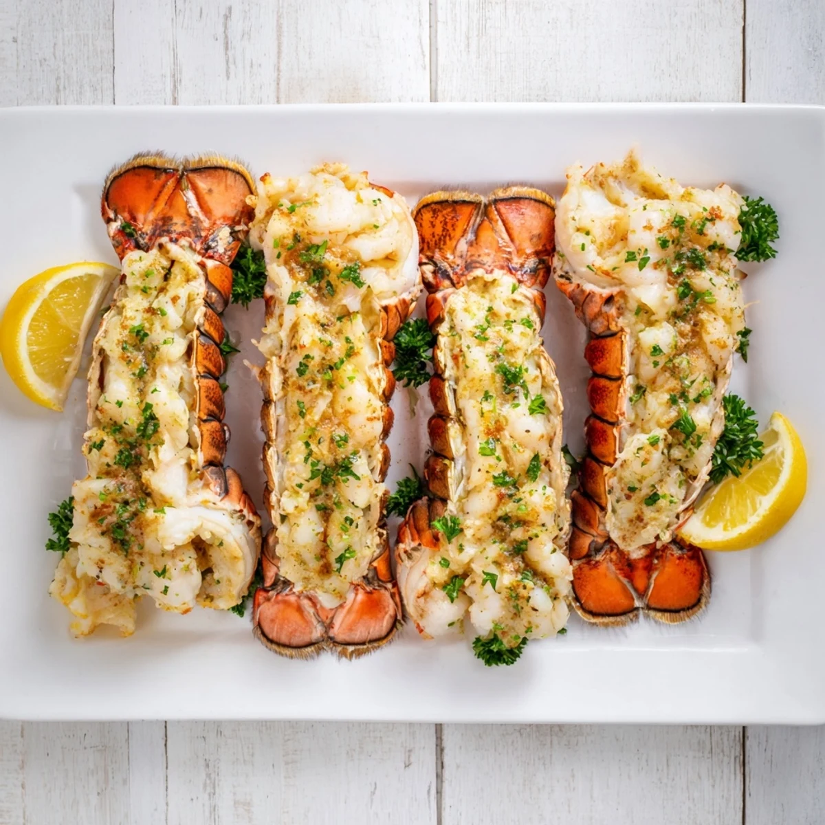 Smoked Lobster Tails With Garlic Butter feature succulent meat resting on the shell, glistening with aromatic butter.  