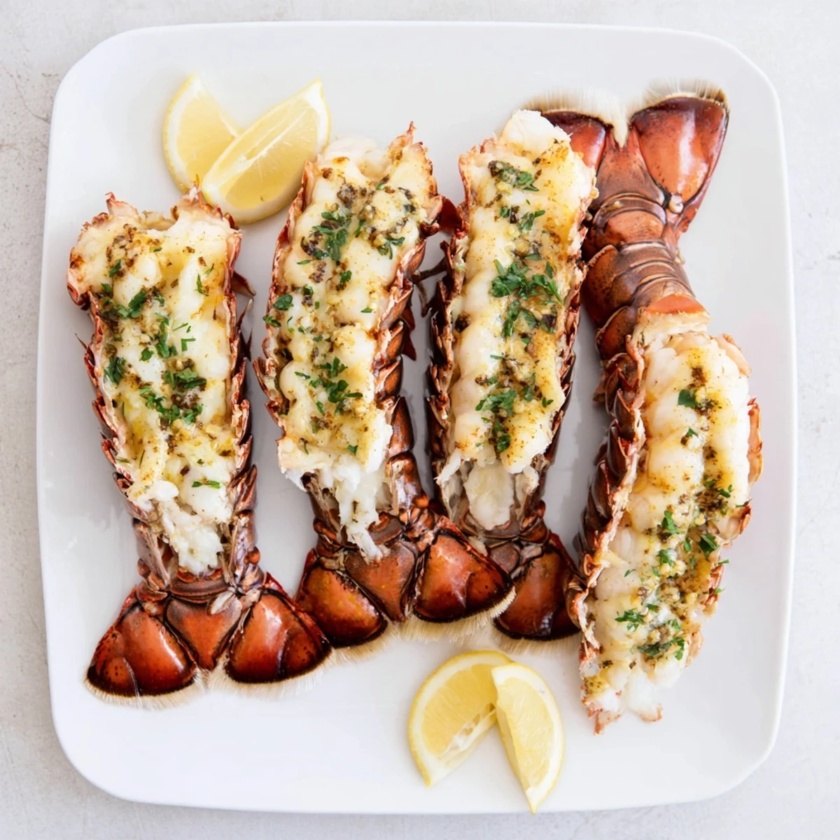 The golden, smoky lobster tails are arranged on a platter with lemon wedges and fresh parsley garnish.  