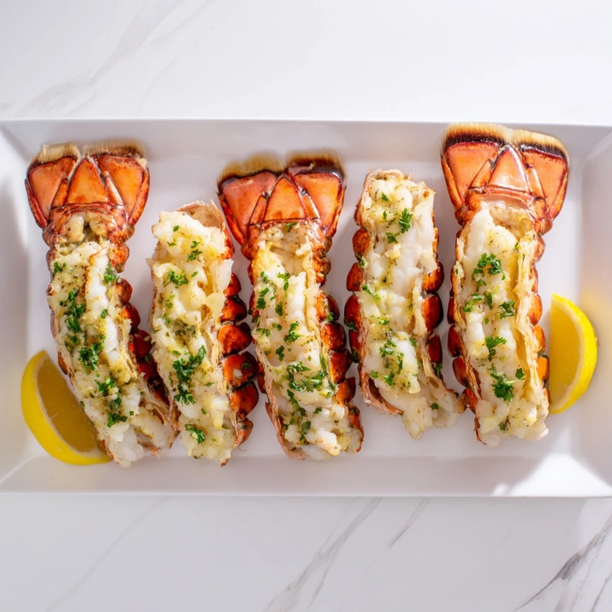 Tender smoked lobster tails with garlic butter, served hot with crusty bread for dipping into sauce.